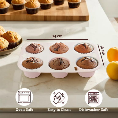 Orsina Silicone Muffin Mould – 6 Cup Non-Stick Cupcake Tray, Pastel Pink