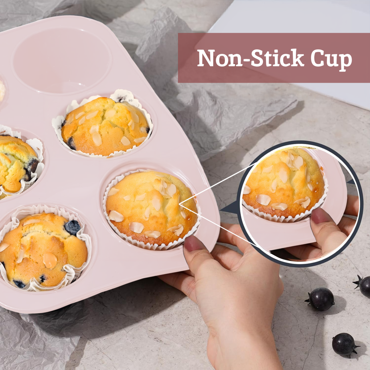 Orsina Silicone Muffin Mould – 6 Cup Non-Stick Cupcake Tray, Pastel Pink