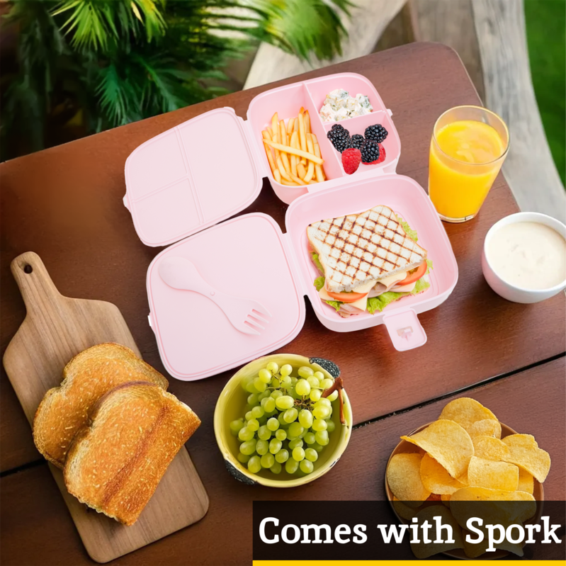 Orsina 4-Section Lunch Box with Spork – Pink Bento Food Container