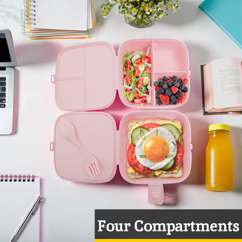 Orsina 4-Section Lunch Box with Spork – Pink Bento Food Container