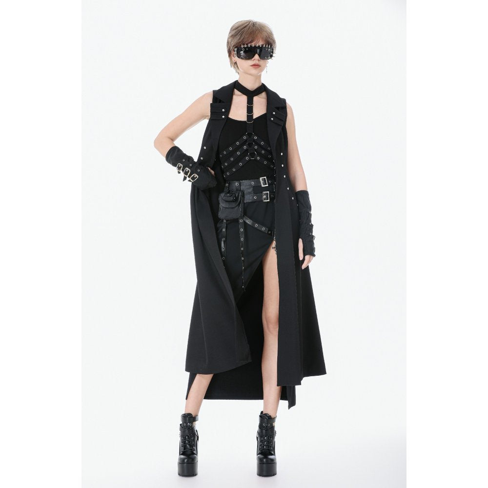 Dark in Love Collete Punk Sleeveless Long Fitted Coat | Studded Gothic