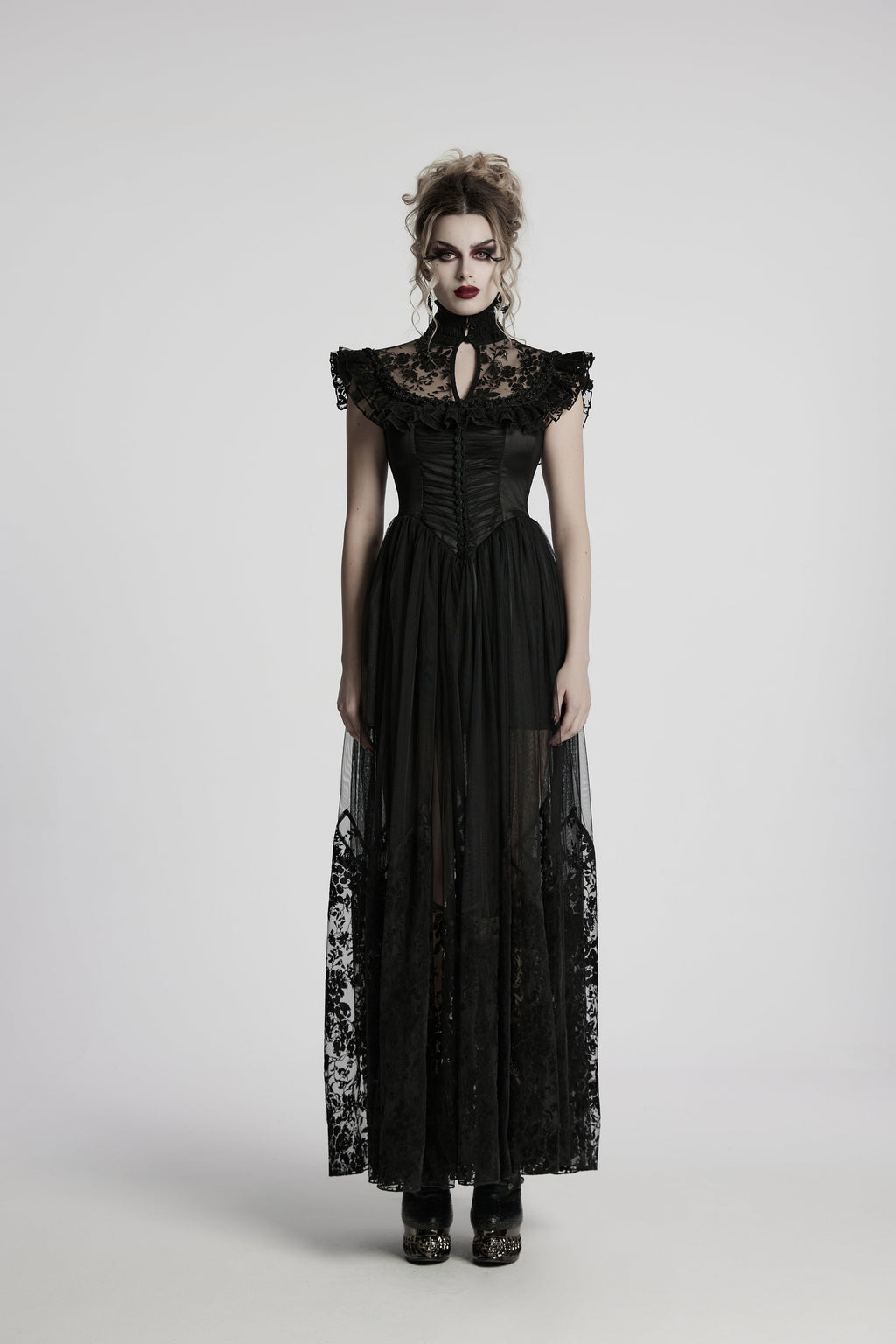 Punk Rave Seraphina Goth Dress – Velvet Floral Mesh Flying Sleeve