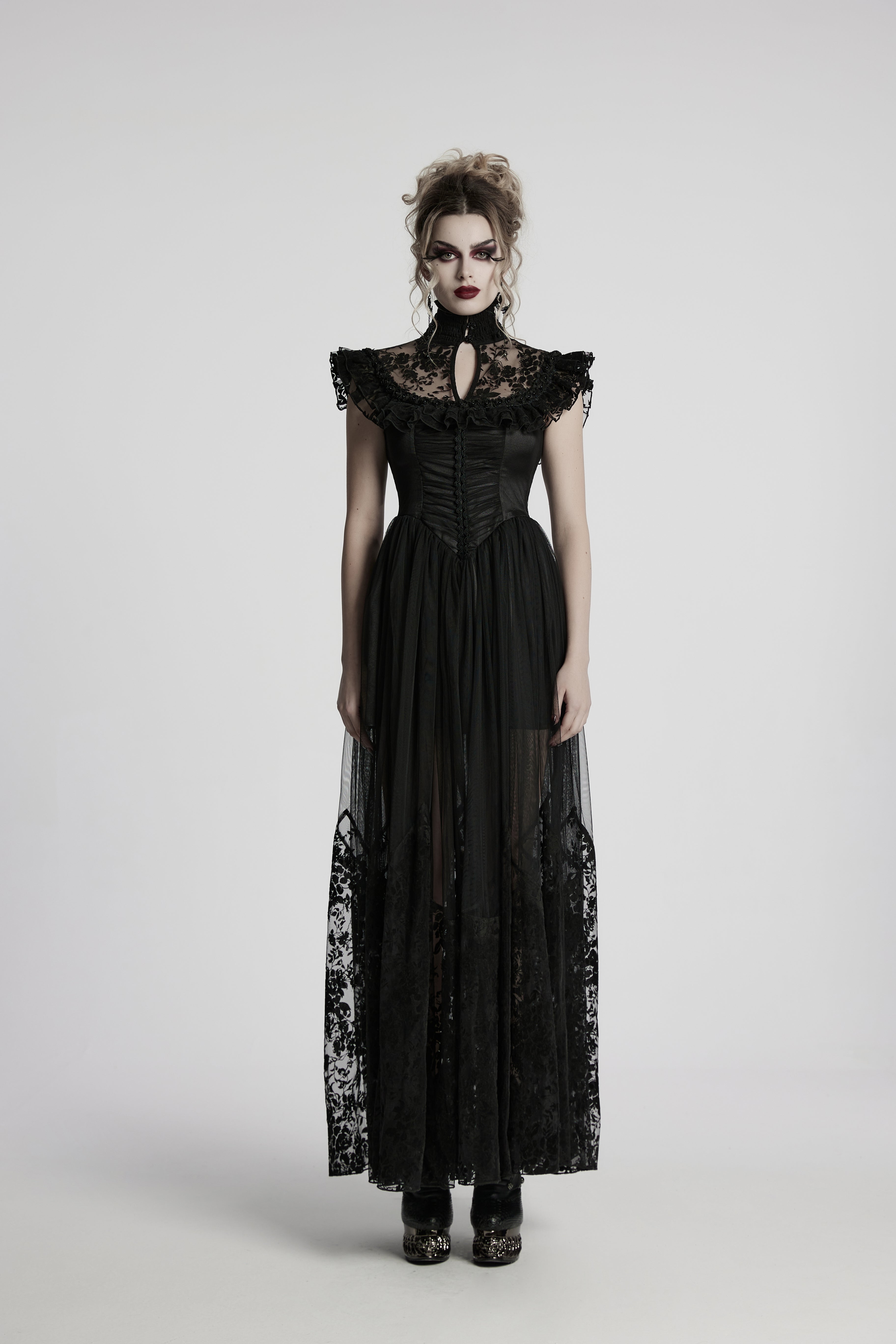 Punk Rave Seraphina Goth Dress – Velvet Floral Mesh Flying Sleeve