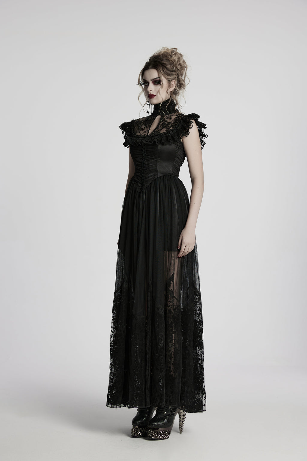 Punk Rave Seraphina Goth Dress – Velvet Floral Mesh Flying Sleeve