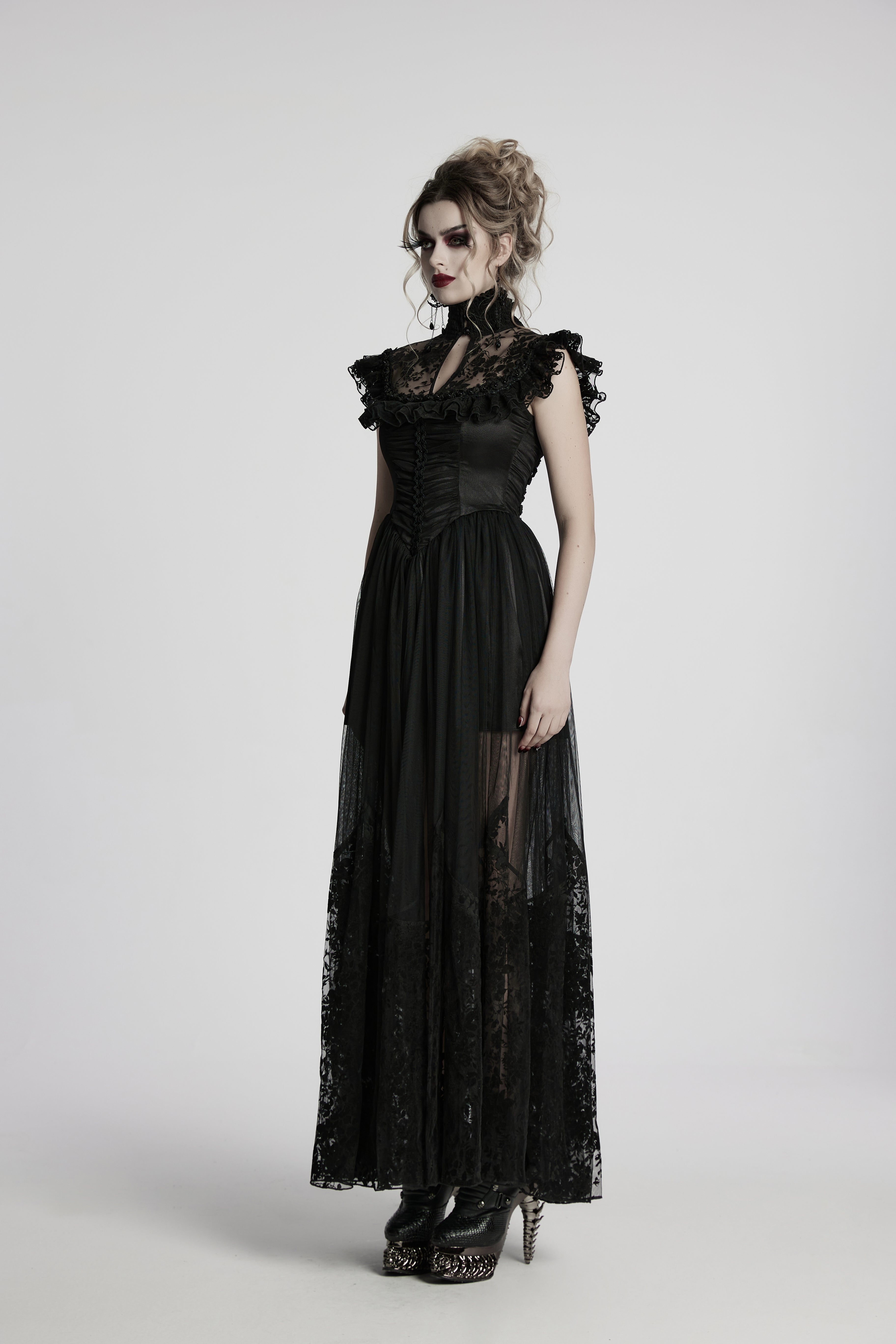 Punk Rave Seraphina Goth Dress – Velvet Floral Mesh Flying Sleeve