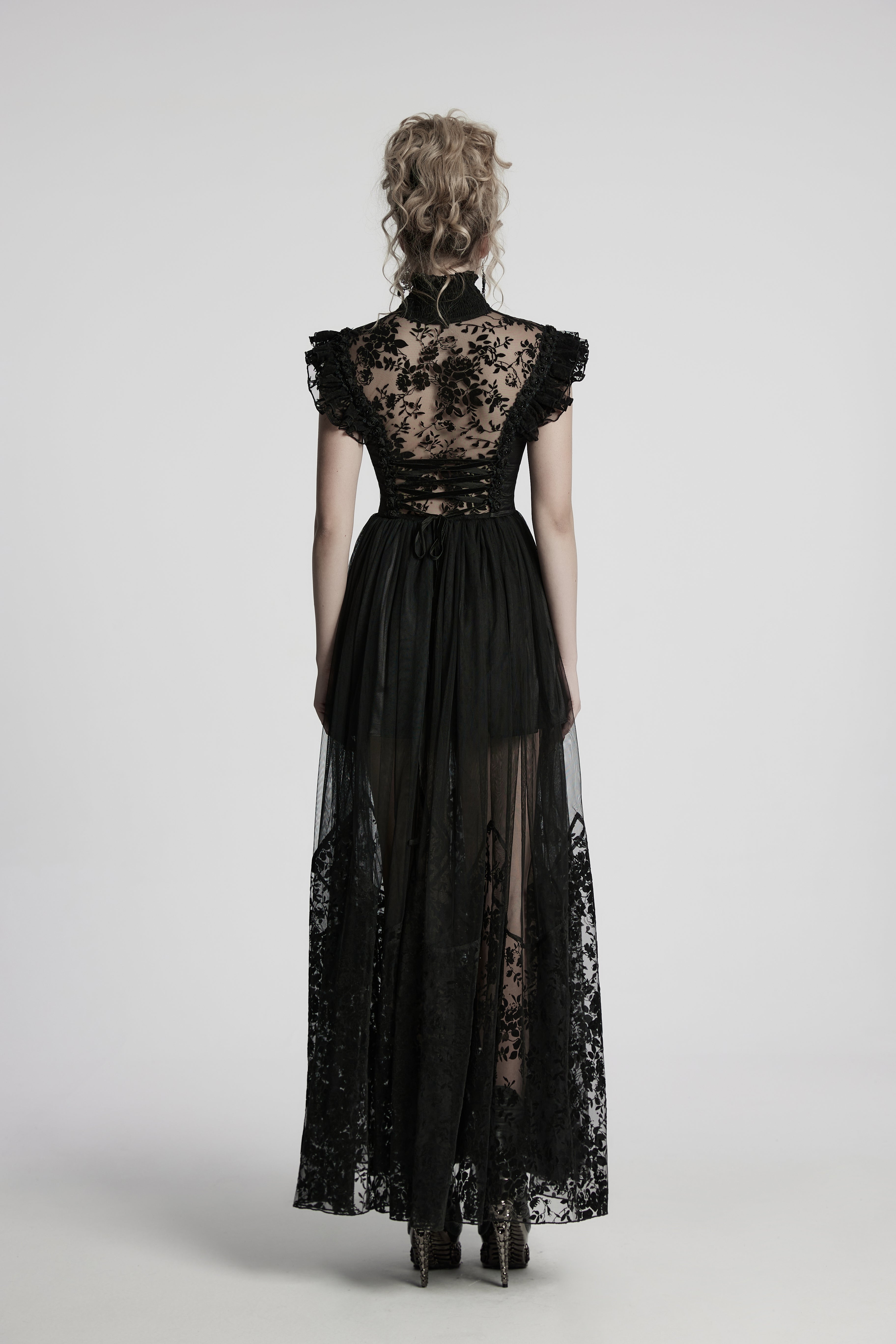 Punk Rave Seraphina Goth Dress – Velvet Floral Mesh Flying Sleeve