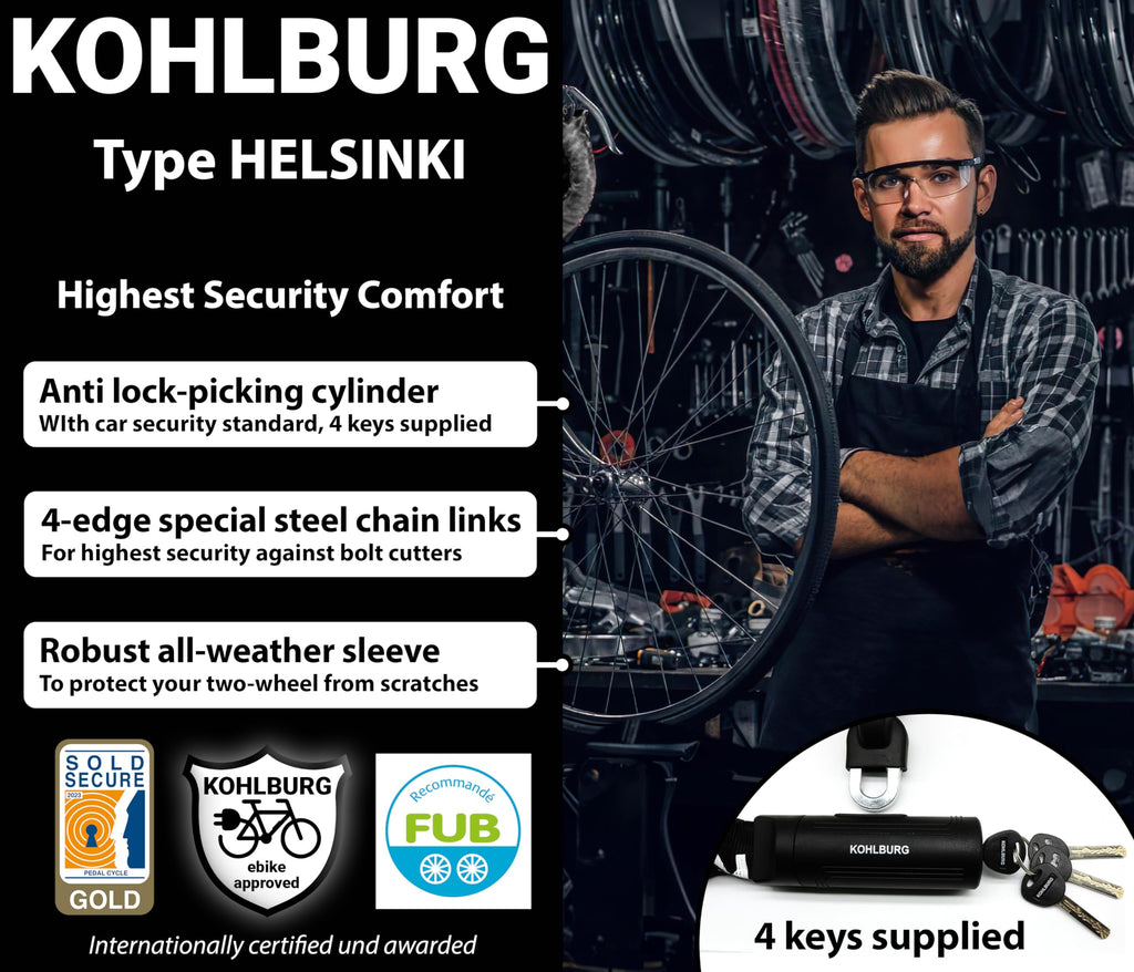 KOHLBURG Heavy Duty Bike Chain Lock - Sold Secure Gold, 4ft Hardened Steel