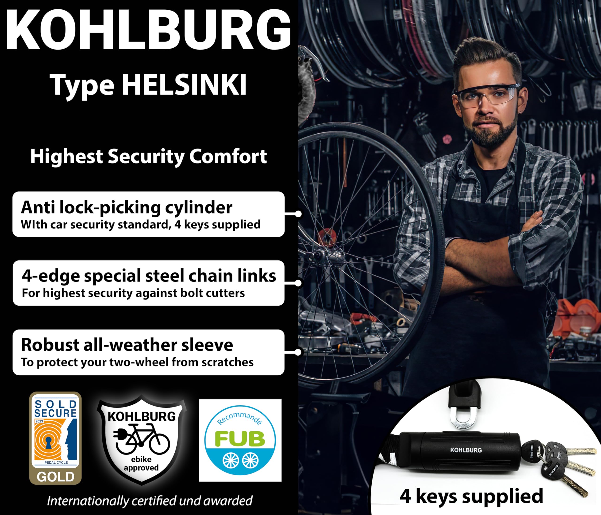 KOHLBURG Heavy Duty Bike Chain Lock - Sold Secure Gold, 4ft Hardened Steel