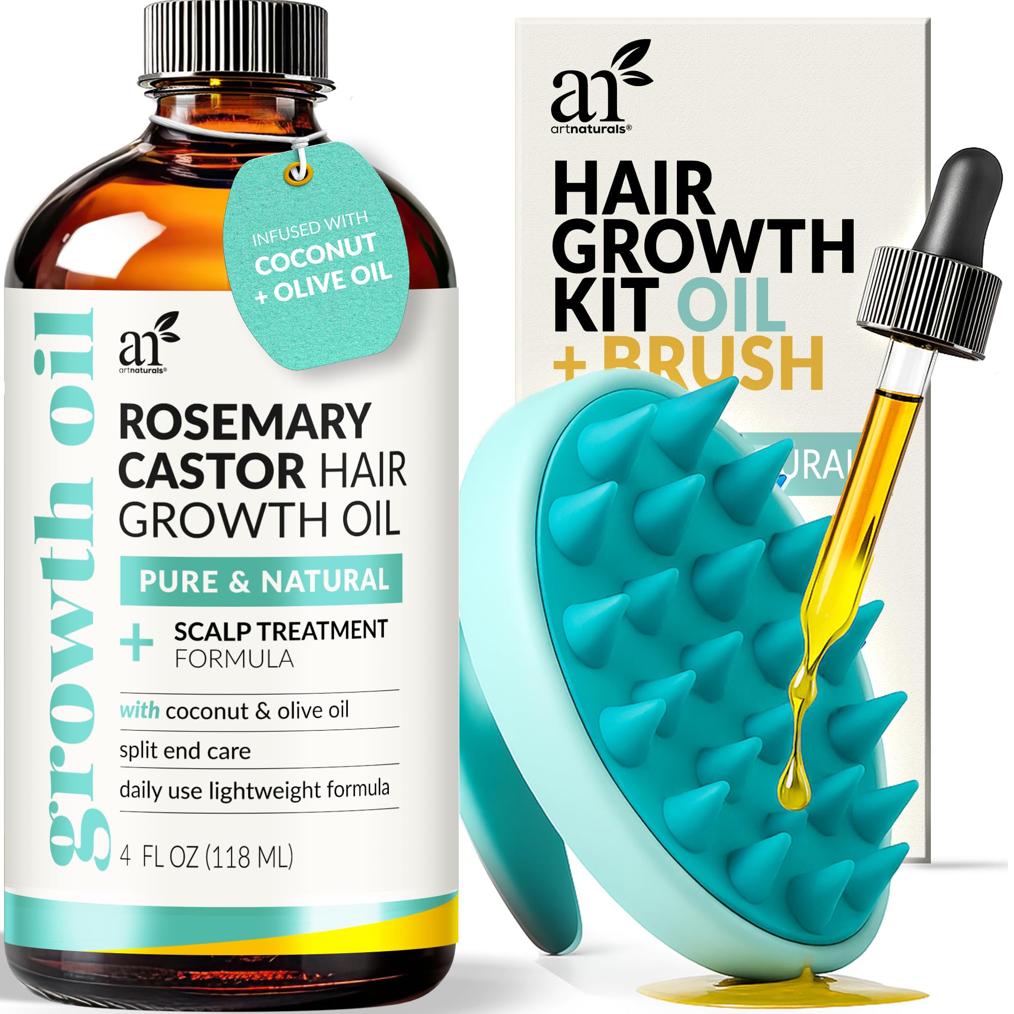 Artnaturals Rosemary Castor Hair Oil & Scalp Massager Set - 118ml