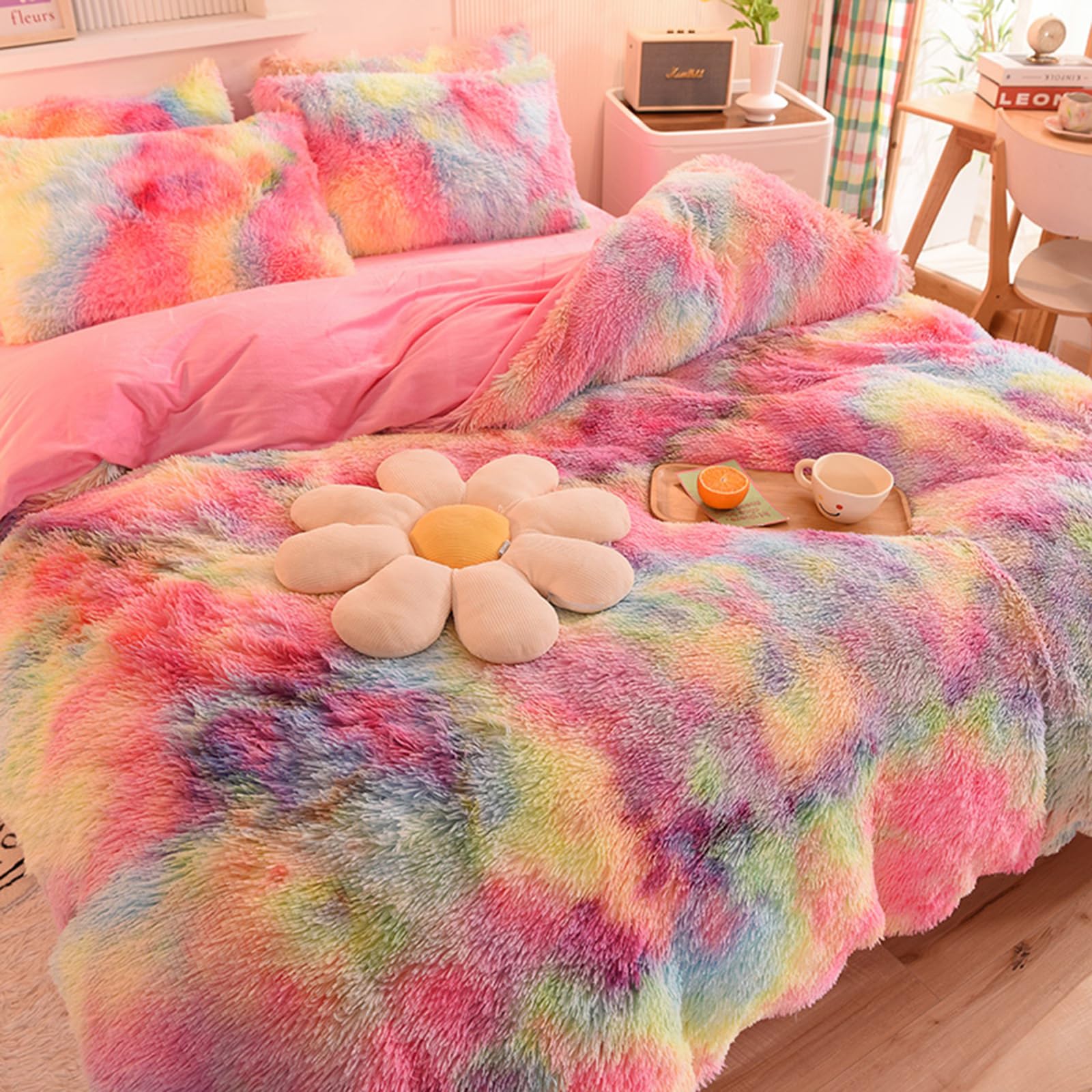 ZIQINPSQ Tie Dye Plush Shaggy Duvet Cover Set | Pink Faux Fur Bedding