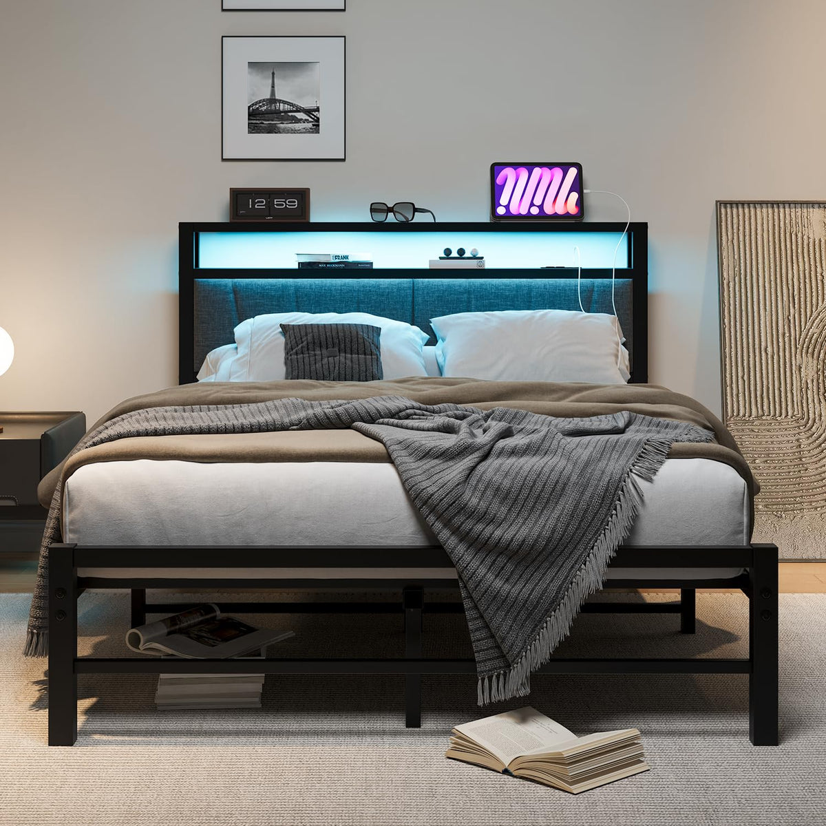 BORPHOM Double Bed Frame with Storage and LED Lights,4ft6 Metal Platform Bed Frame Double Size Bed Base with Charging Station,Mattress Base,Strong - image 3