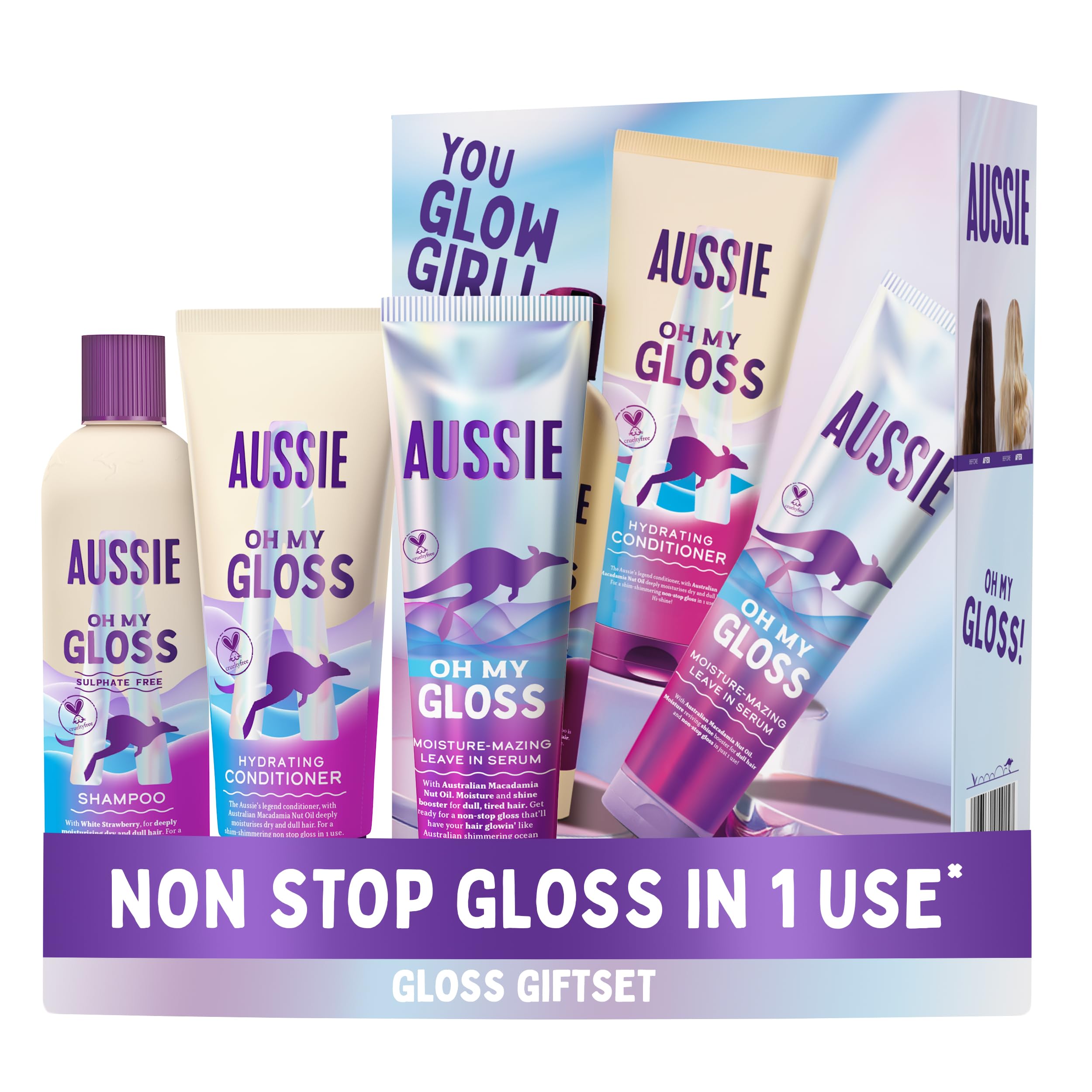 Aussie Oh My Gloss Hydrating Hair Giftset – Vegan Shampoo, Conditioner & Serum