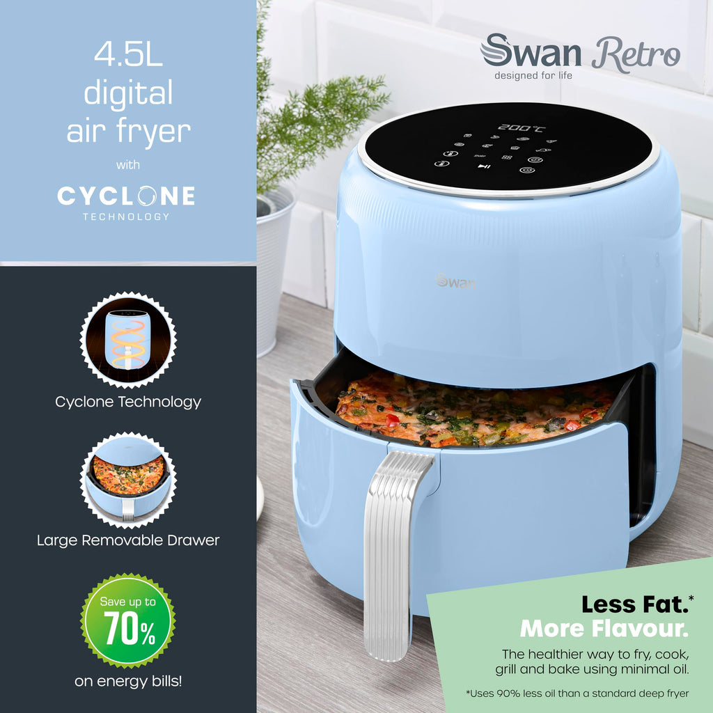 Swan Retro Digital Air Fryer – 4.5L 1500W with 8 Pre-Sets, Blue