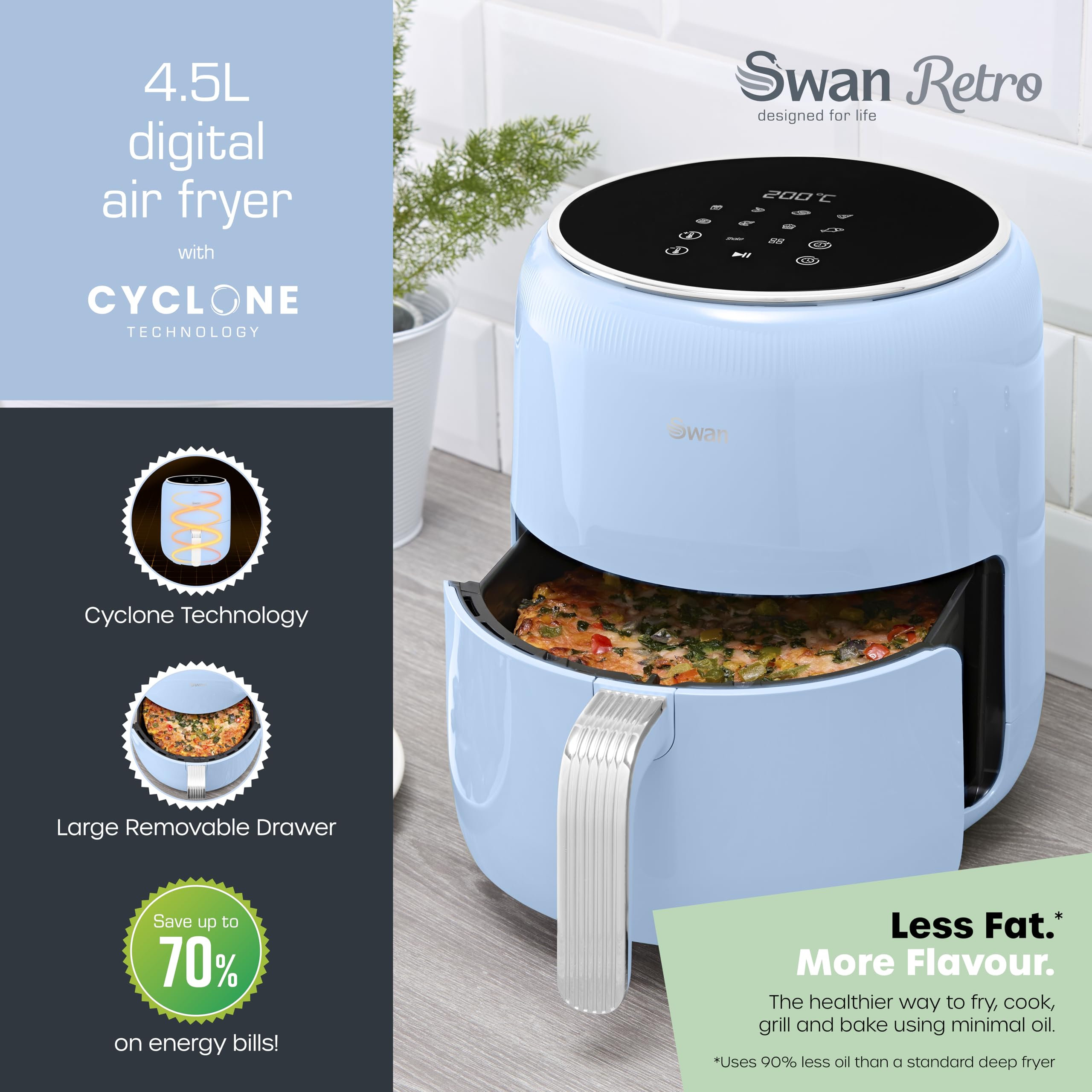 Swan Retro Digital Air Fryer – 4.5L 1500W with 8 Pre-Sets, Blue