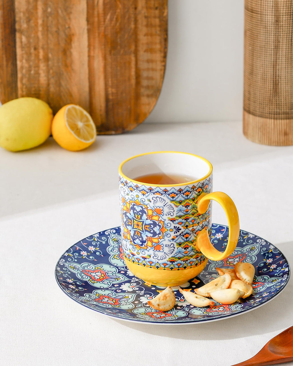 HENXFEN LEAD Bohemian Porcelain Coffee Mugs - 14oz Stackable Set of 6
