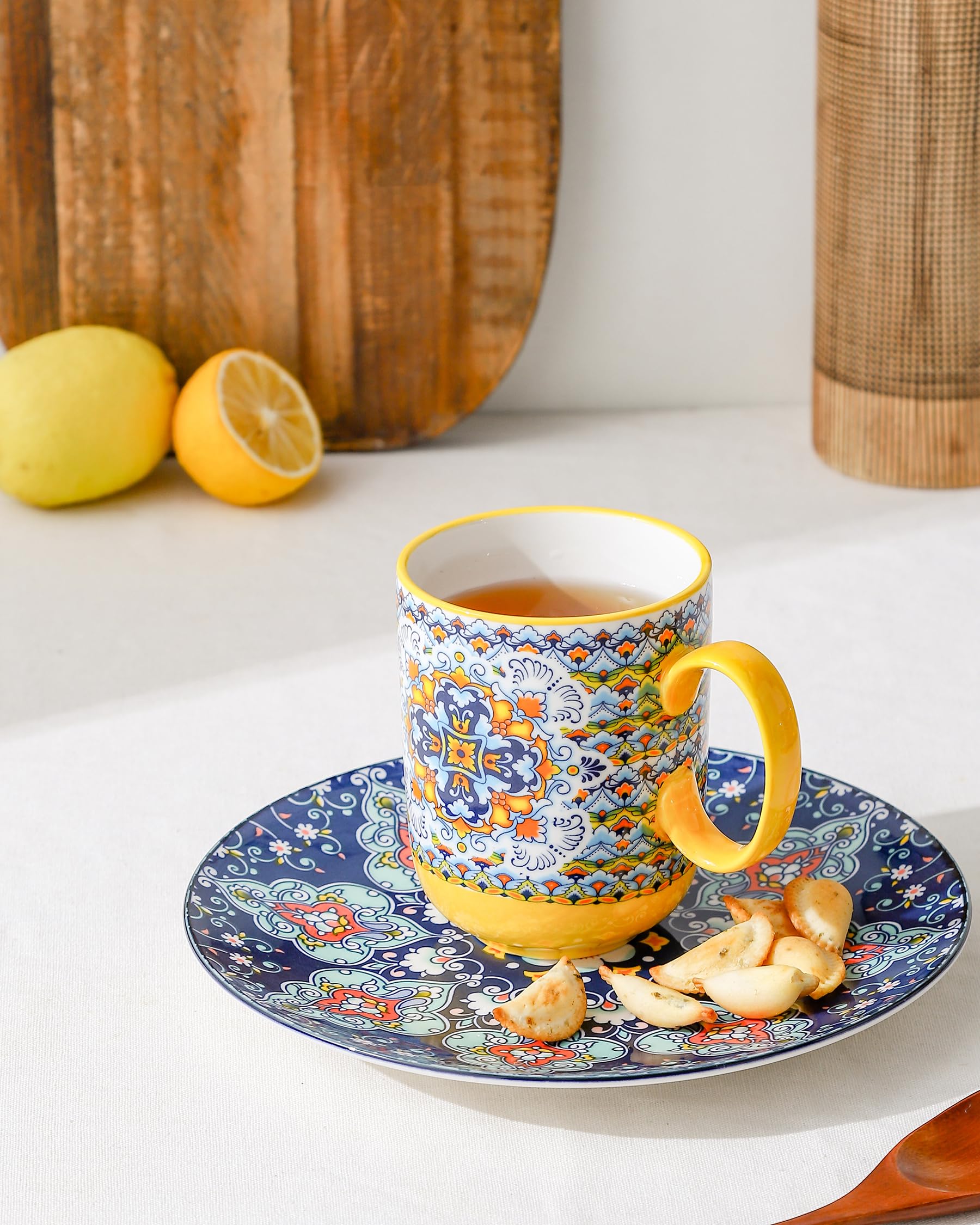 HENXFEN LEAD Bohemian Porcelain Coffee Mugs - 14oz Stackable Set of 6