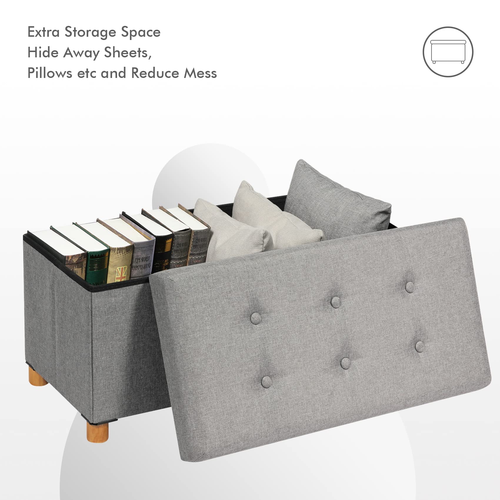 Bonlife Grey Storage Ottoman with Tray - Folding Coffee Table Footstool