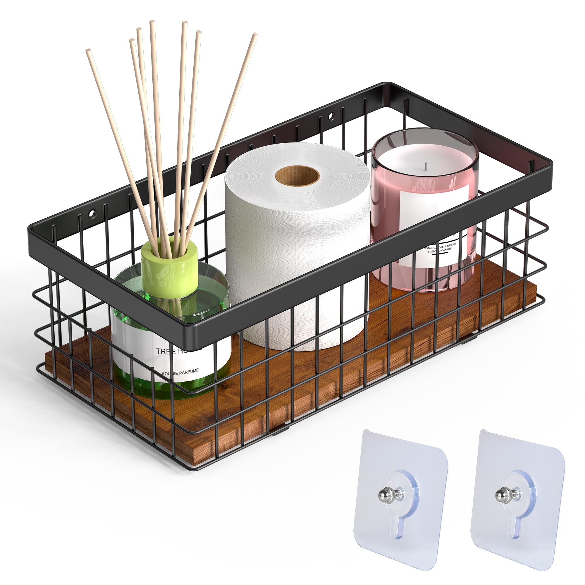 Alytree Metal Wire Storage Basket with Wood Base – Wall Mount Organizer