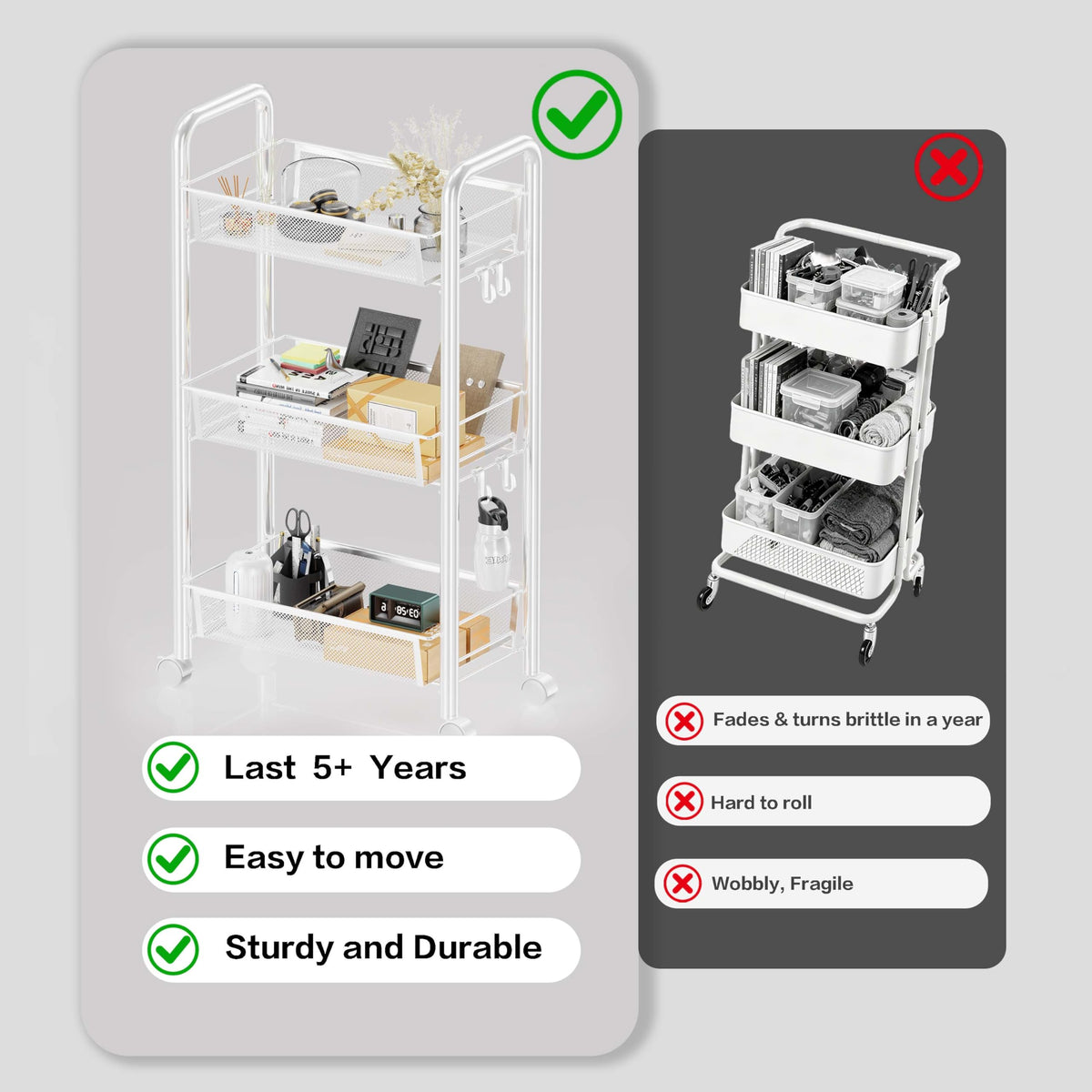 Goeasyoii 3/4/5 Tier Rolling Cart, Metal Storage Cart,Space-Saving Kitchen Cart with Castors,Shelving Organizer for Kitchen, Bathroom, Laundry Room - image 3