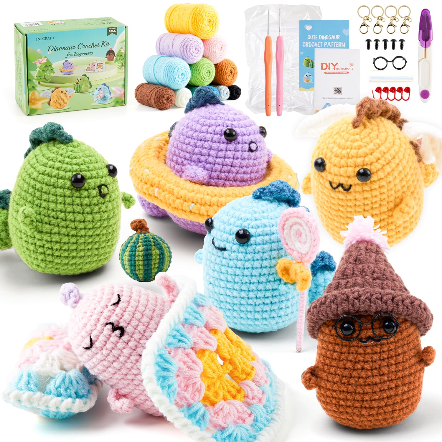 Inscraft 6-Pack Dinosaur Crochet Kit for Beginners with Video Tutorials