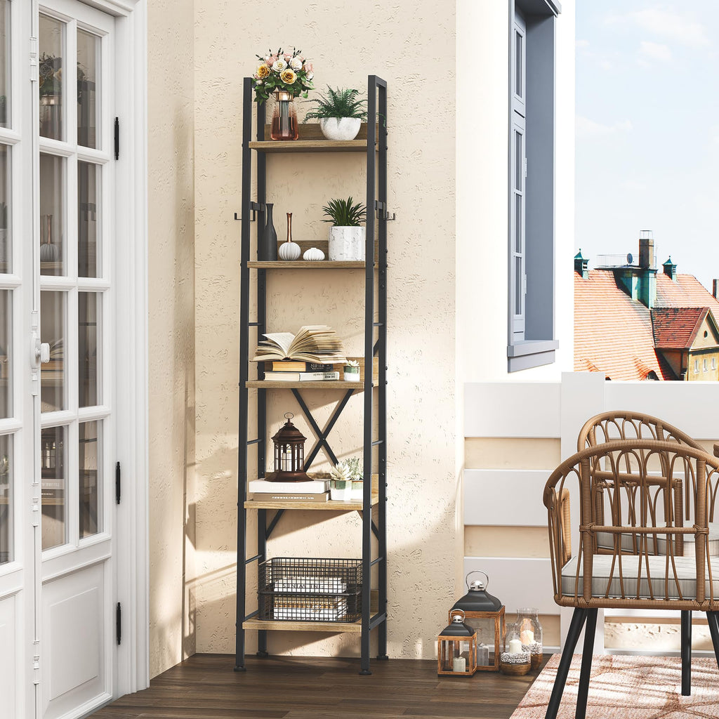 YITAHOME 5-Tier Industrial Ladder Shelf – Narrow Wooden & Metal Bookcase