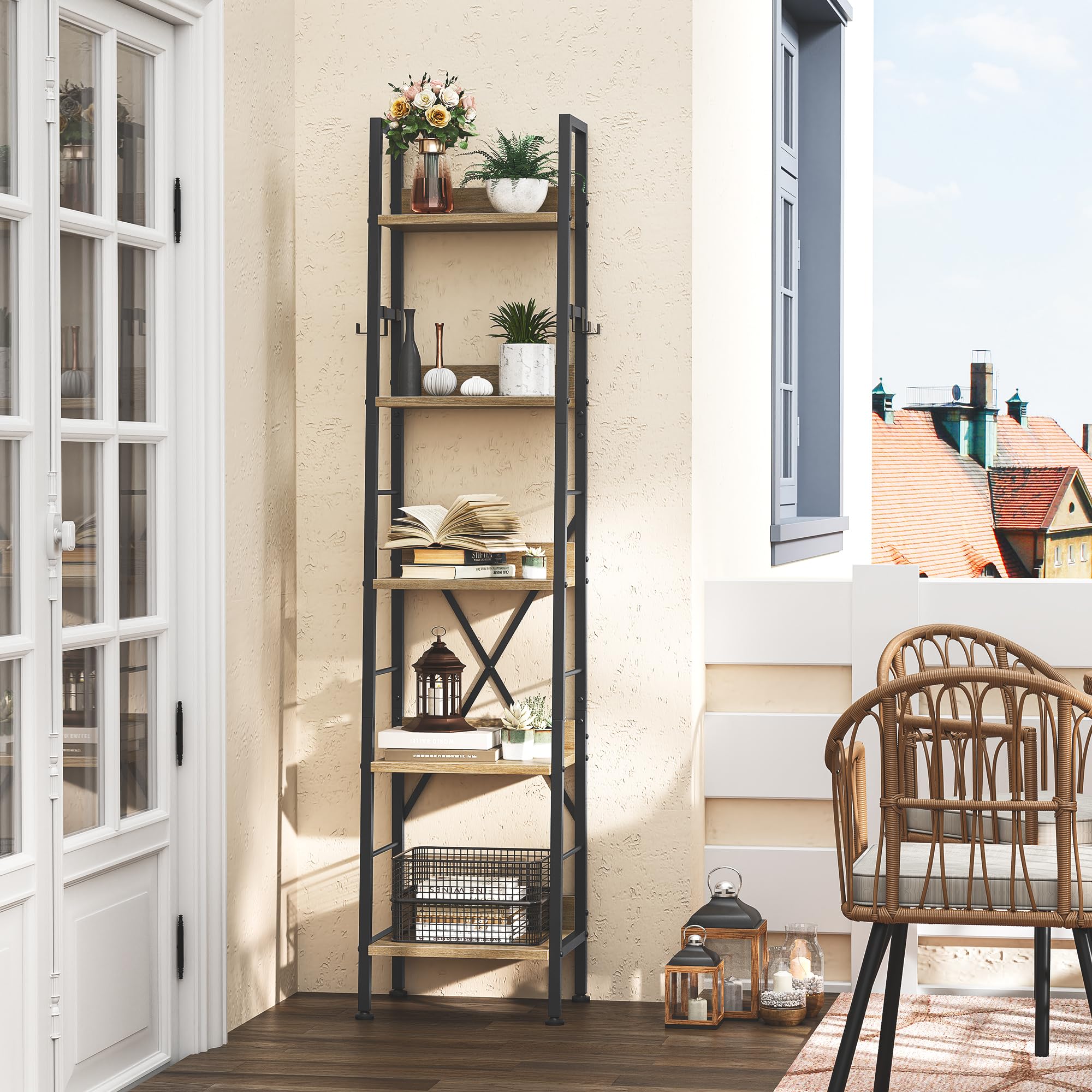 YITAHOME 5-Tier Industrial Ladder Shelf – Narrow Wooden & Metal Bookcase