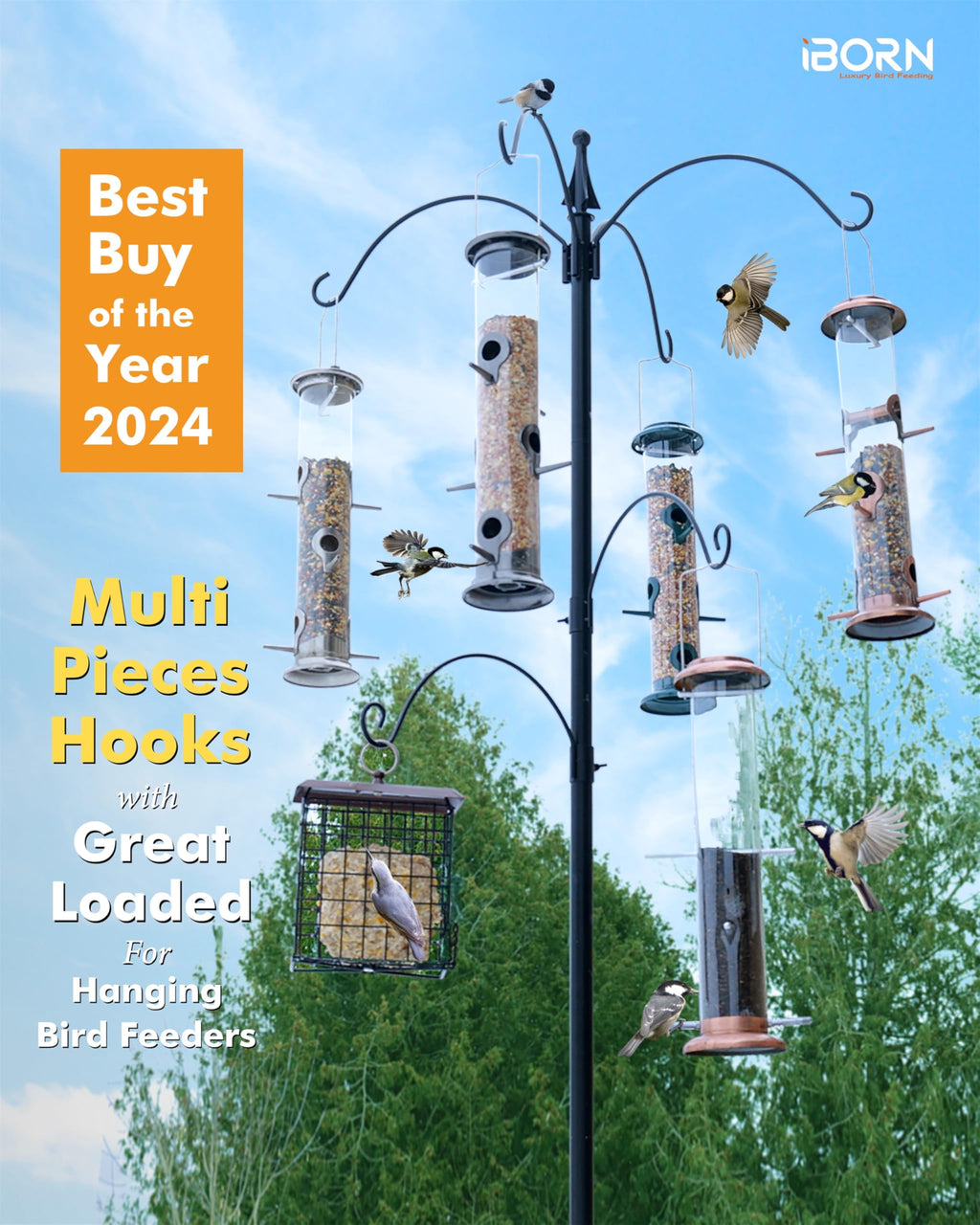 iBorn 87-Inch Bird Feeding Station – Heavy Duty 6-Hook Pole with 5-Prong Base