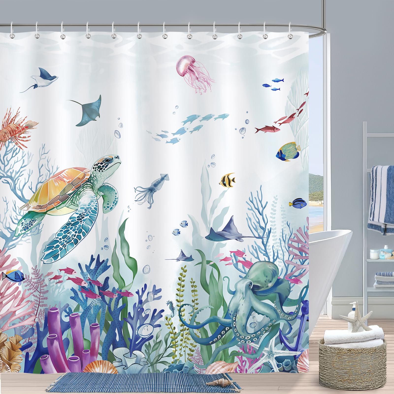 Bonhause Ocean Seaworld Shower Curtain | Nautical Turtle & Octopus