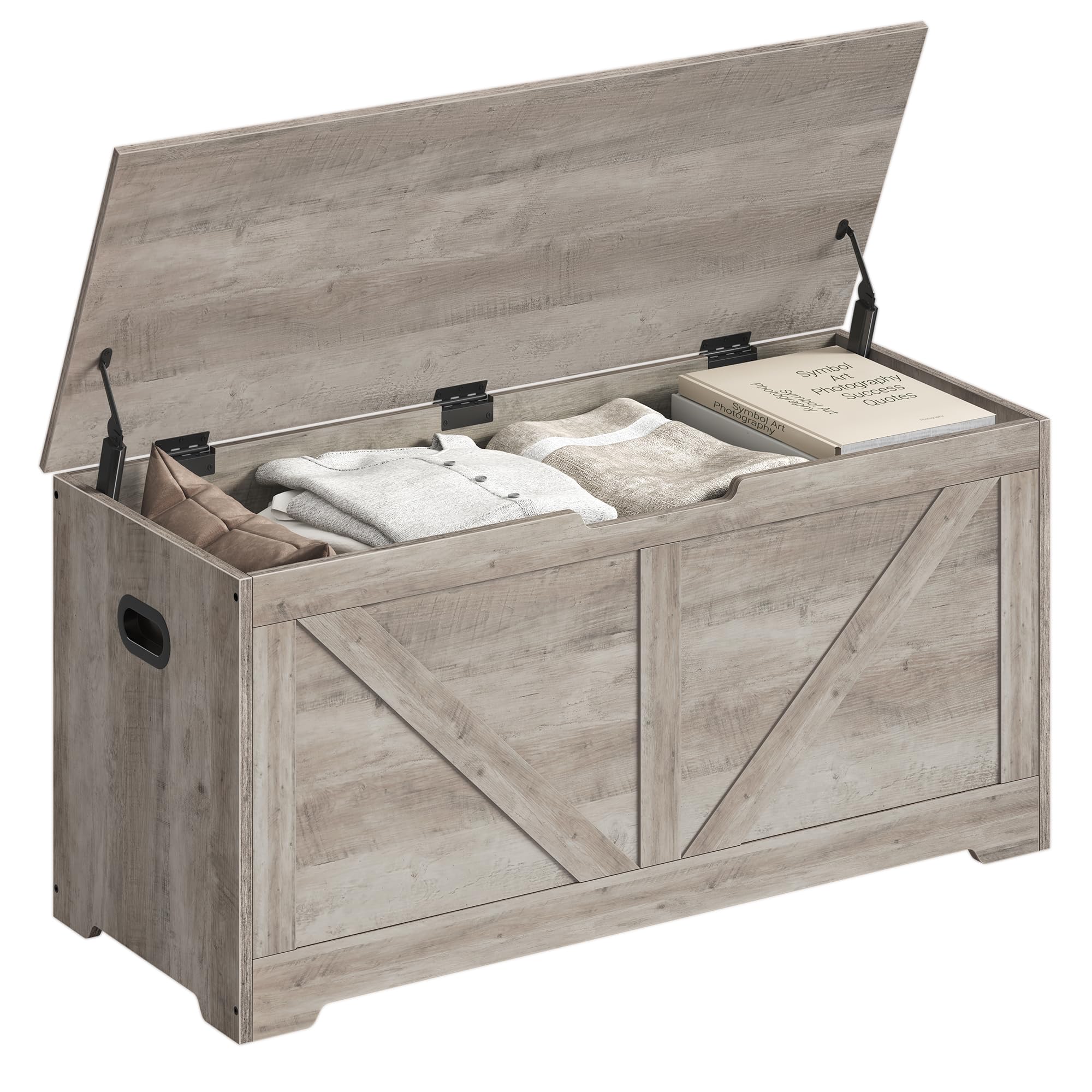 VASAGLE Farmhouse Storage Chest | 100cm Bench with Safety Hinges - Greige