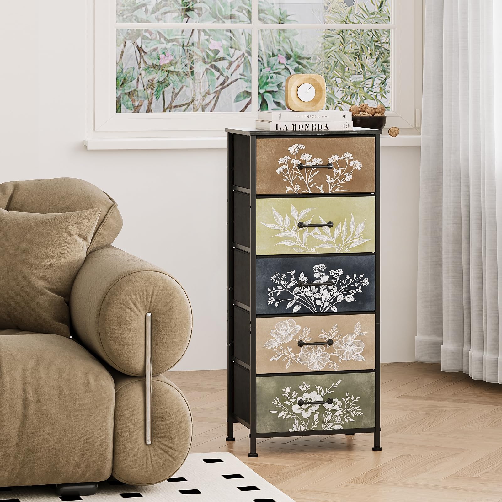 Welfuturer 5-Drawer Tall Chest – Abstract Botanical Fabric Dresser