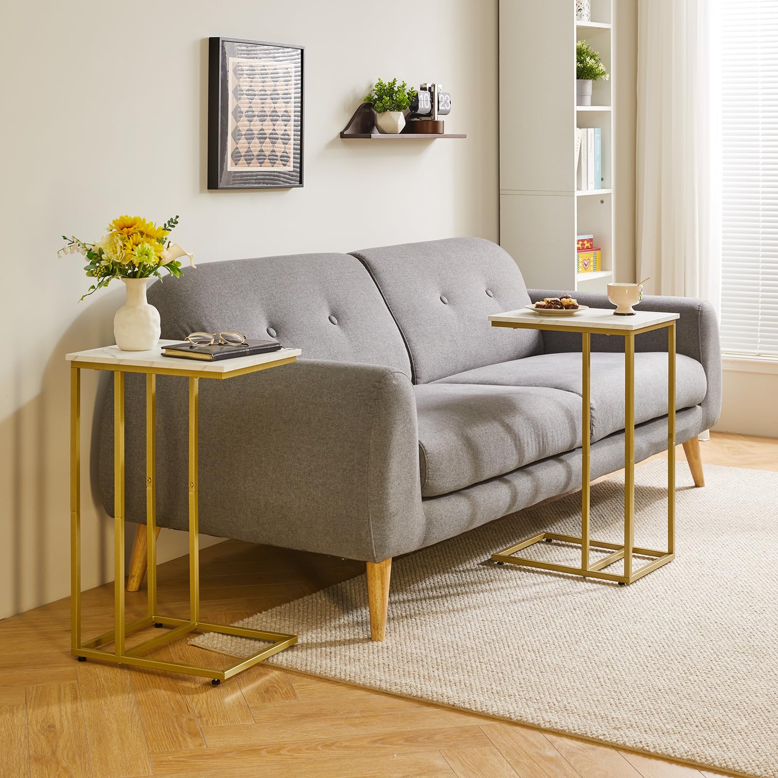 Aibiju C-Shaped Side Table Set of 2 | White Faux Marble and Gold