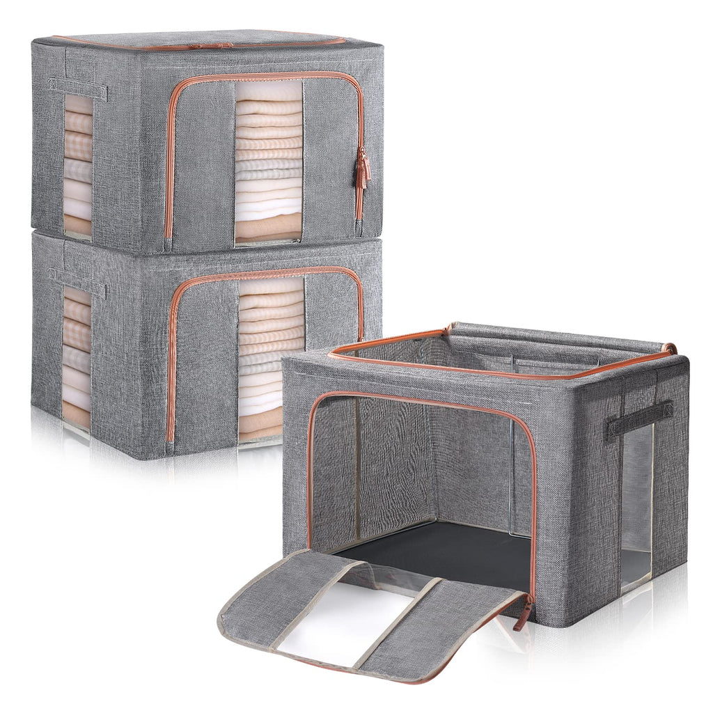 66L Steel Frame Storage Box – Stackable Cotton Linen Bin (3-Pack)