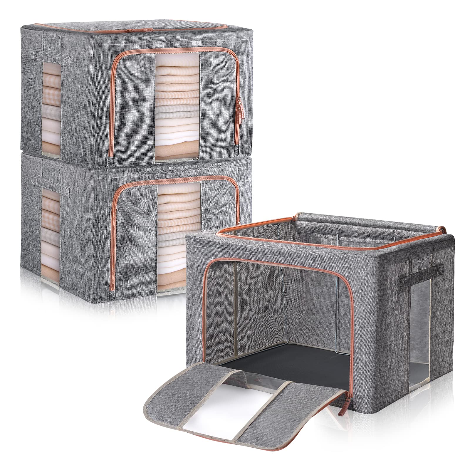 66L Steel Frame Storage Box – Stackable Cotton Linen Bin (3-Pack)