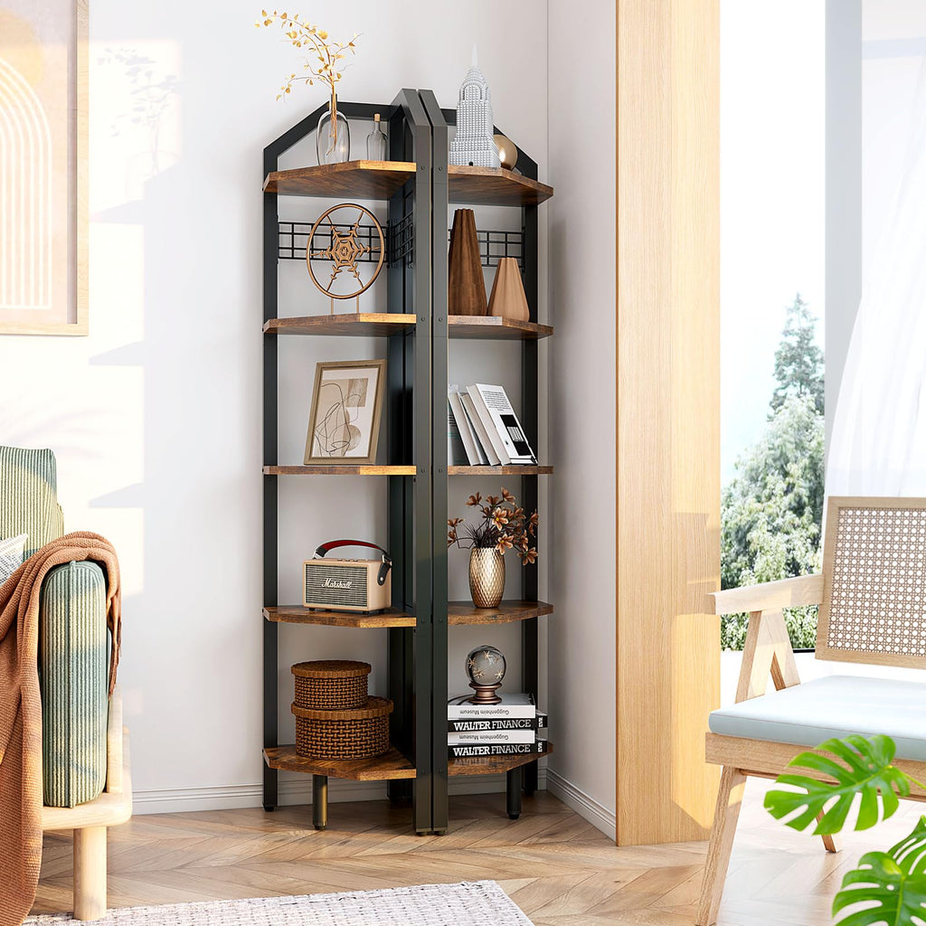 YMYNY 5-Tier Corner Shelf – 176cm Industrial Rustic Brown Bookshelf