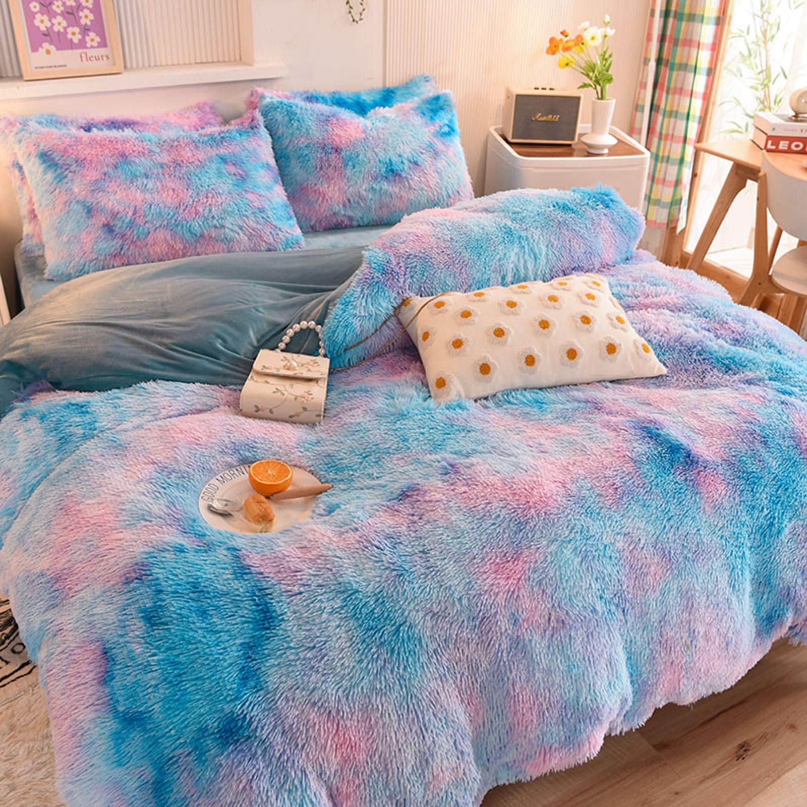 ZIQINPSQ Tie Dye Plush Shaggy Duvet Cover Set | Soft Faux Fur Bedding - Blue