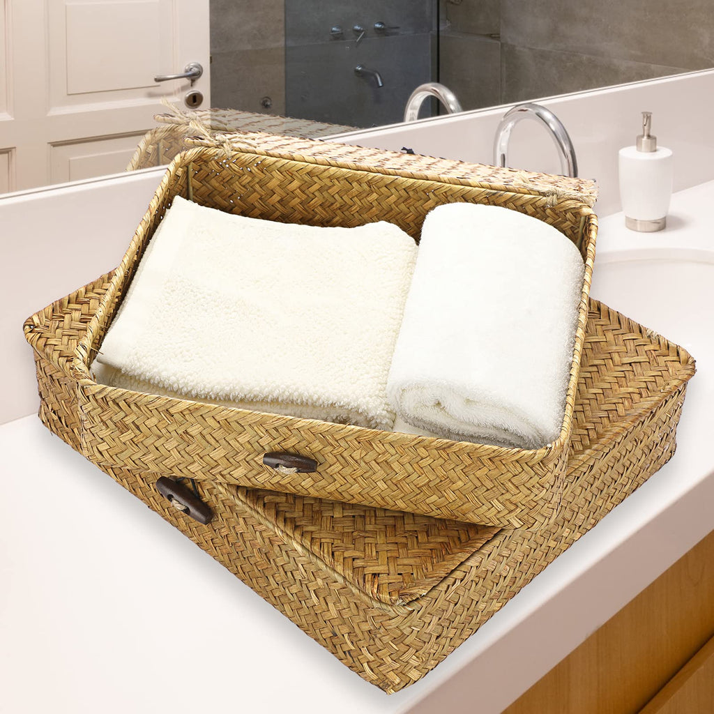 IGNPION Set of 2 Seagrass Storage Basket with Lid Flat Organiser Baskets for Shelf - image 2