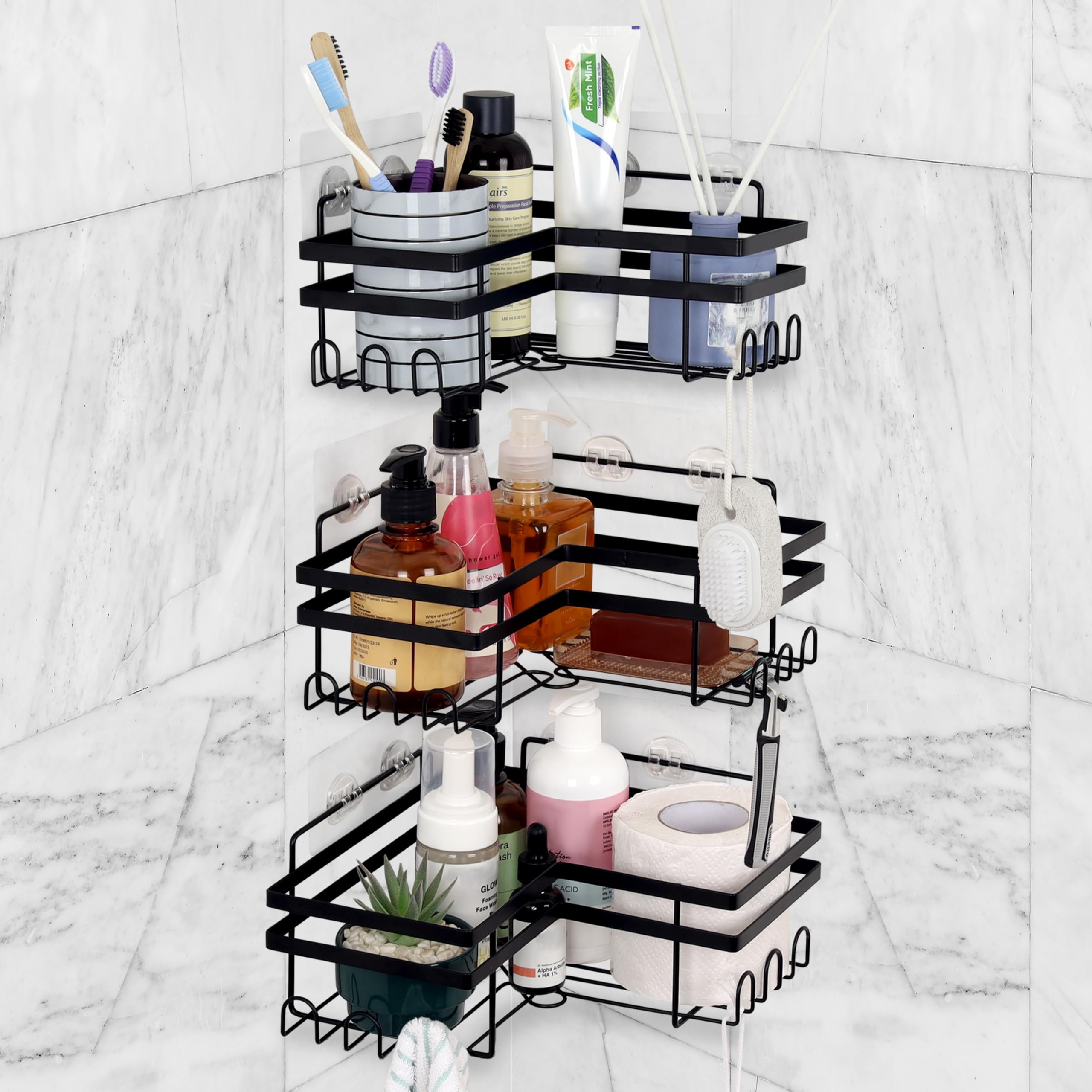 Belle Vous 3 Pack Corner Shower Caddy – Adhesive Iron Bathroom Shelf with Hooks