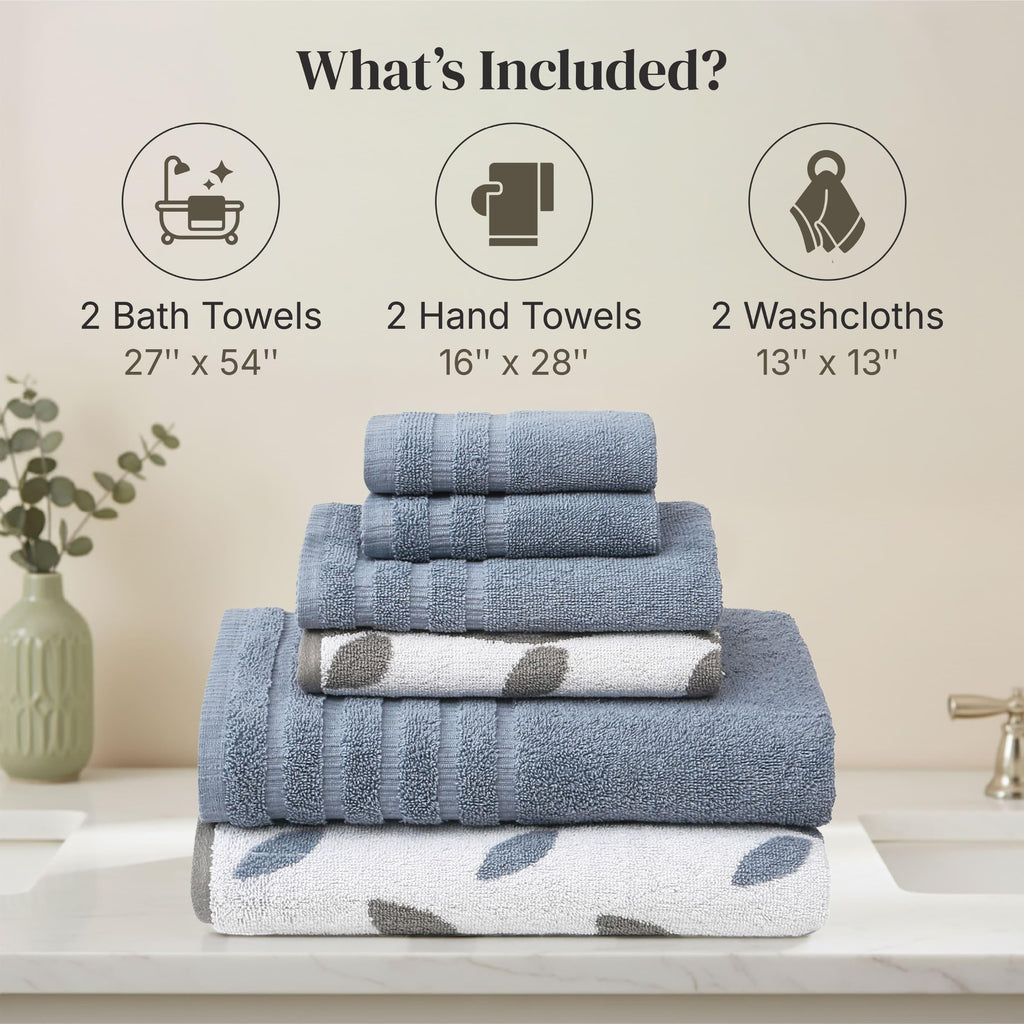 Pacific Coast Textiles 6 pc Yarn Dyed towel Organic Vines Cotton Blue,Single,40.6 x 25.4 x 12.7 cm