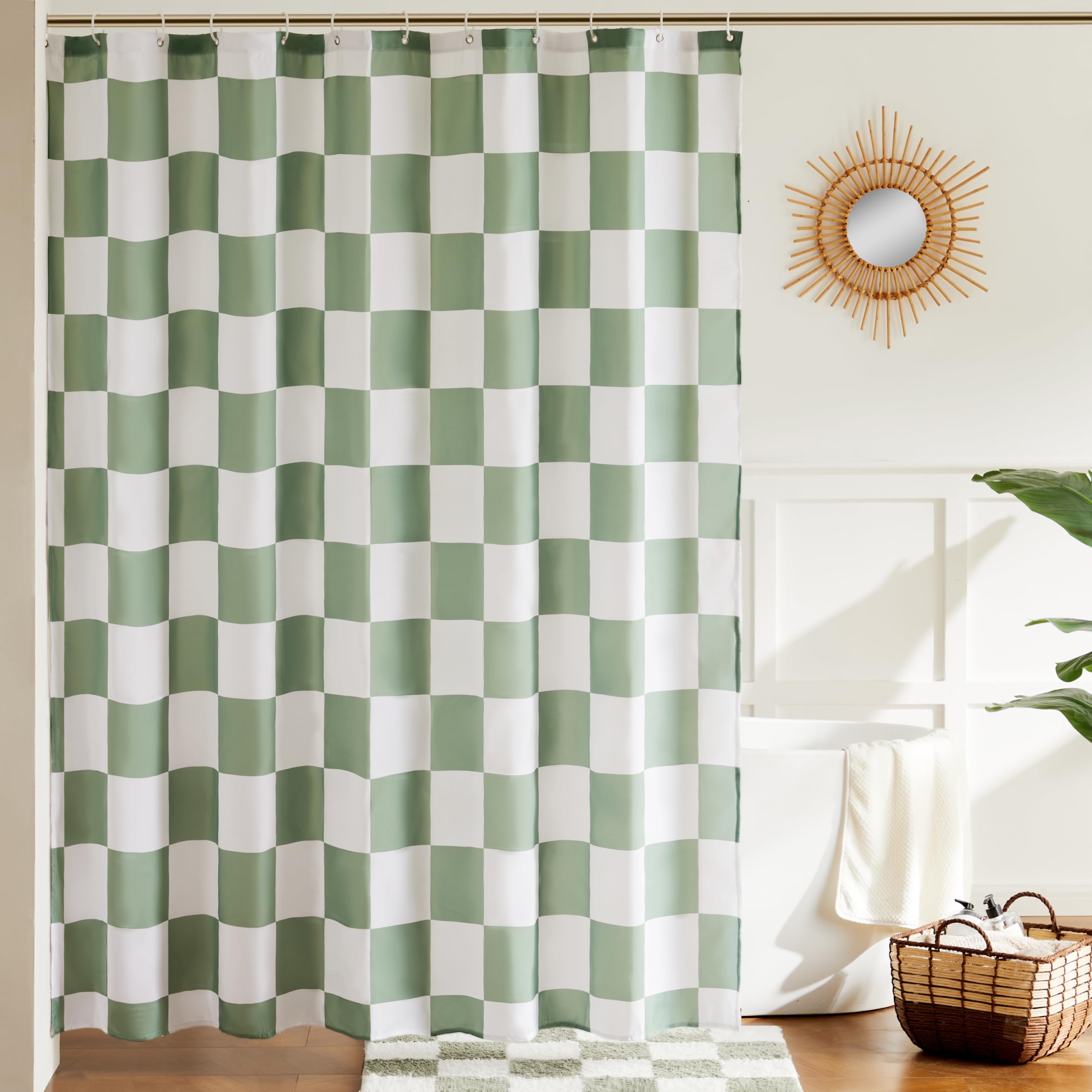 Sage Green Checkered Shower Curtain | Retro Fabric Bath Decor