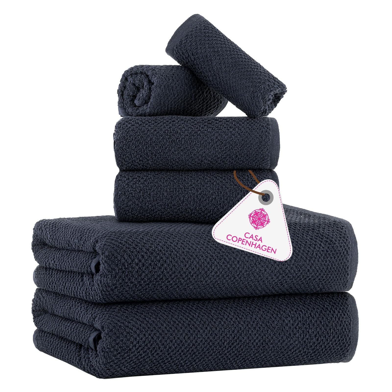 CASA COPENHAGEN 6-Piece Cotton Towel Set – 550 GSM Navy Blue Popcorn