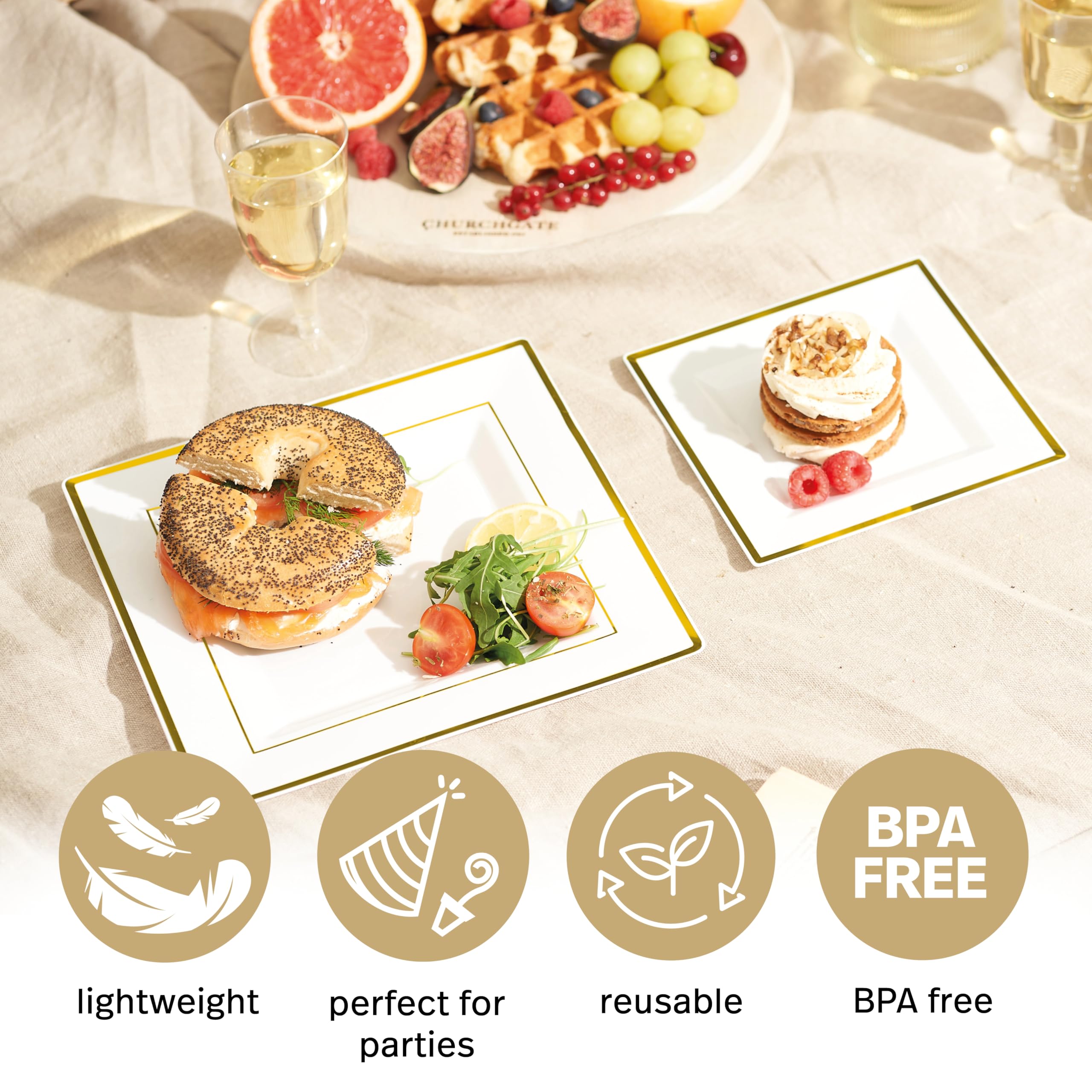 MATANA 120-Piece White Square Plastic Plates with Gold Rim for Parties