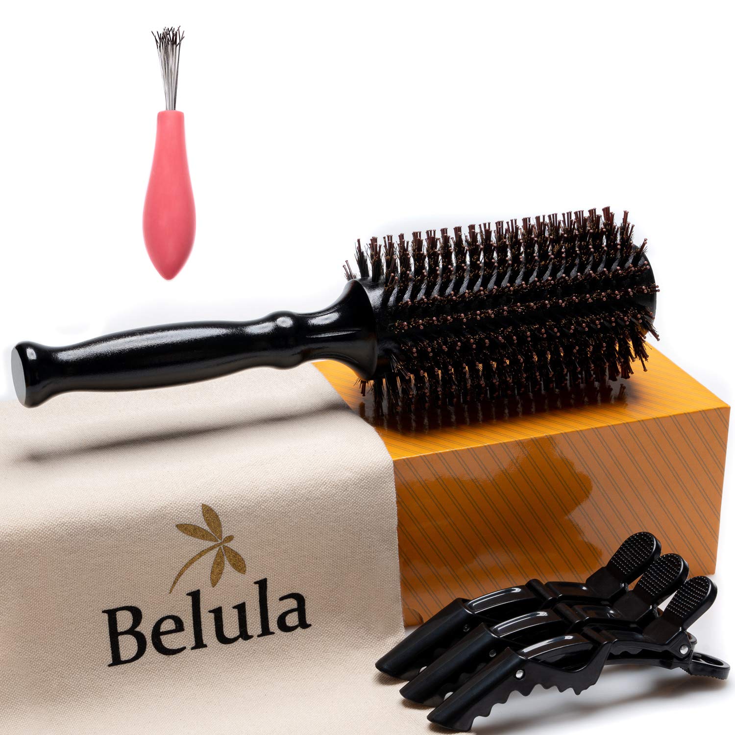 Belula Boar Bristle Round Brush Set | 2.4" Wooden Barrel for Blow Drying