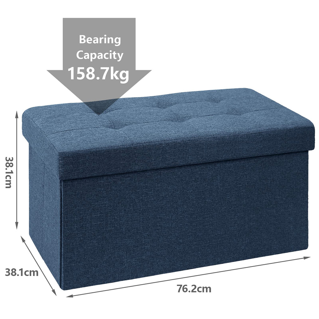 BRIAN & DANY Folding Storage Ottoman | Navy Blue Linen Footstool Bench