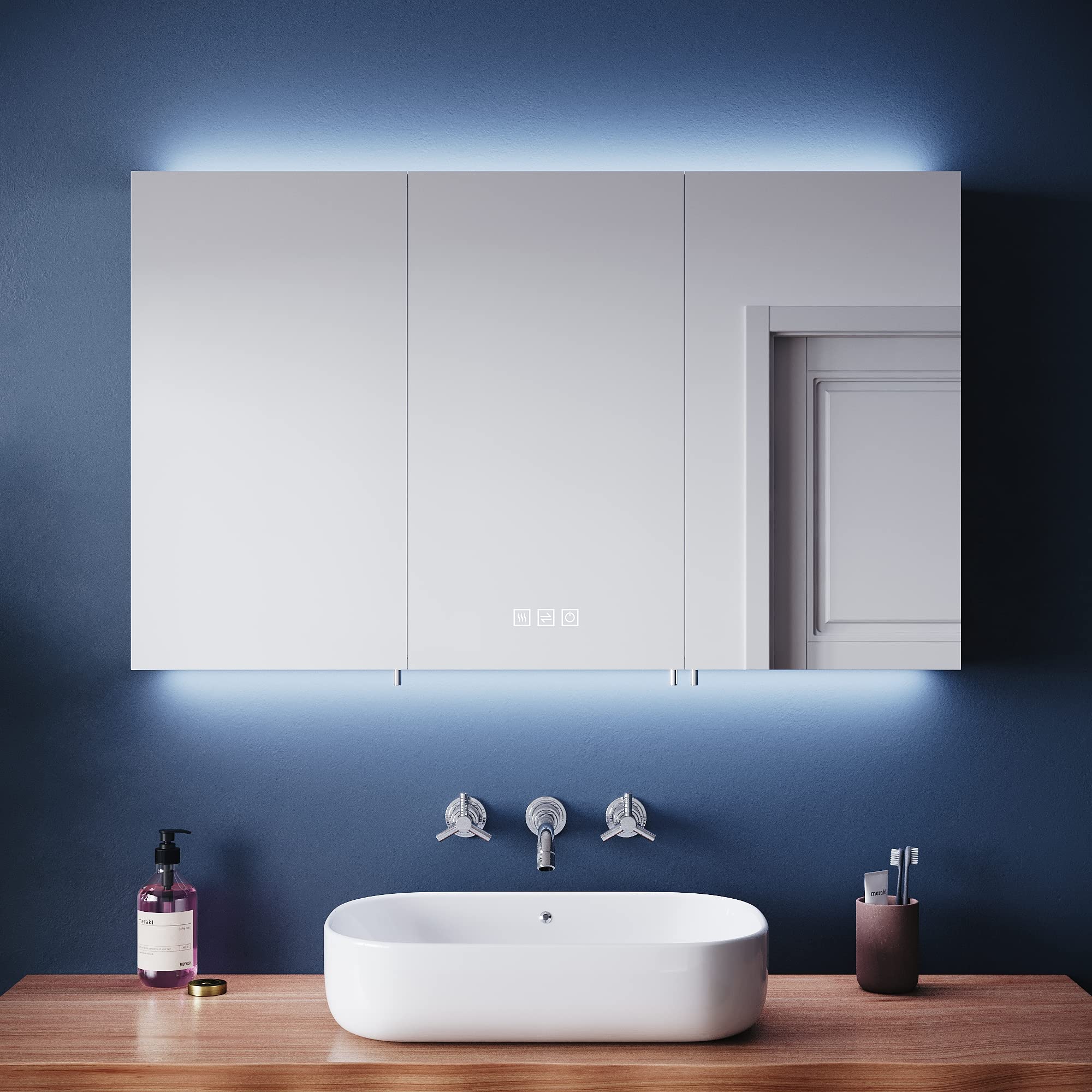 ELEGANT 3-Door LED Bathroom Mirror Cabinet with Shaver Socket & Demister