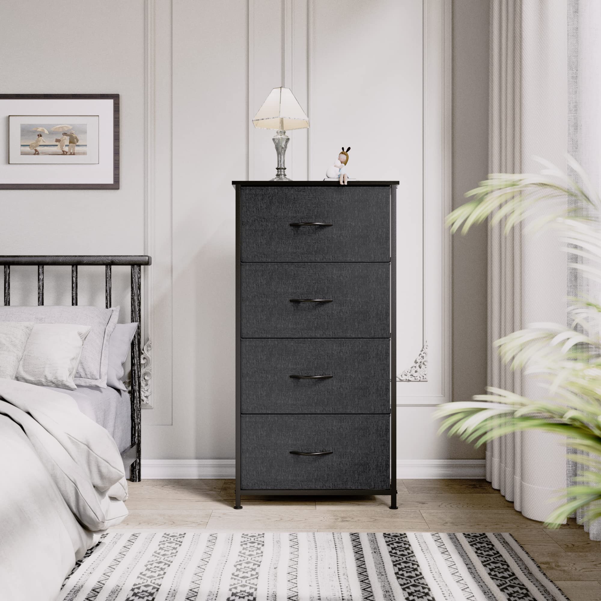 YITAHOME 4-Drawer Fabric Dresser | Modern Chest with Wood Top - Black Grey