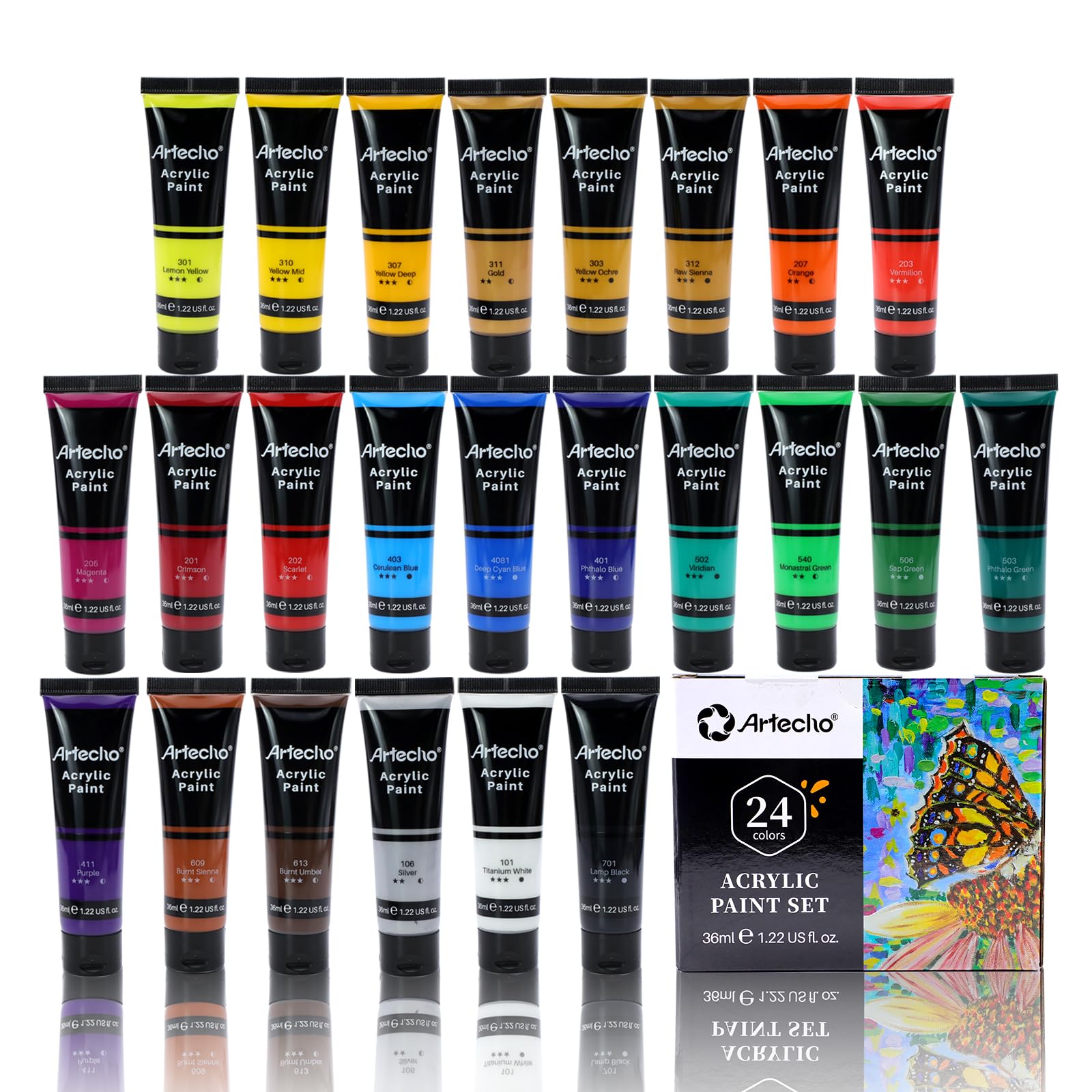 Artecho Acrylic Paint Set - 24 Colors (36ml) Non-Toxic Art Supplies