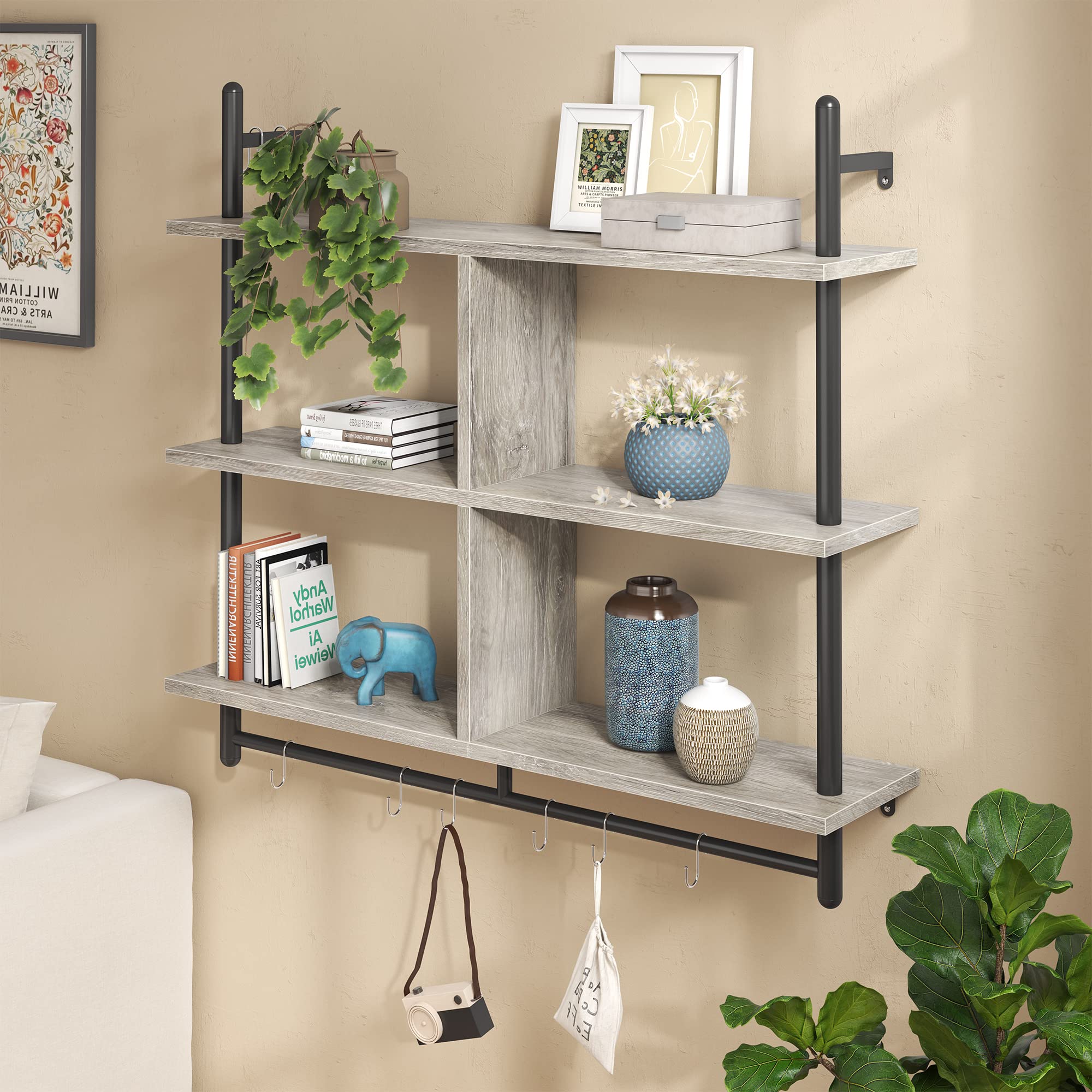 Bestier 115CM Industrial Pipe Shelving | 3-Tier Wall Mounted Ladder Shelf