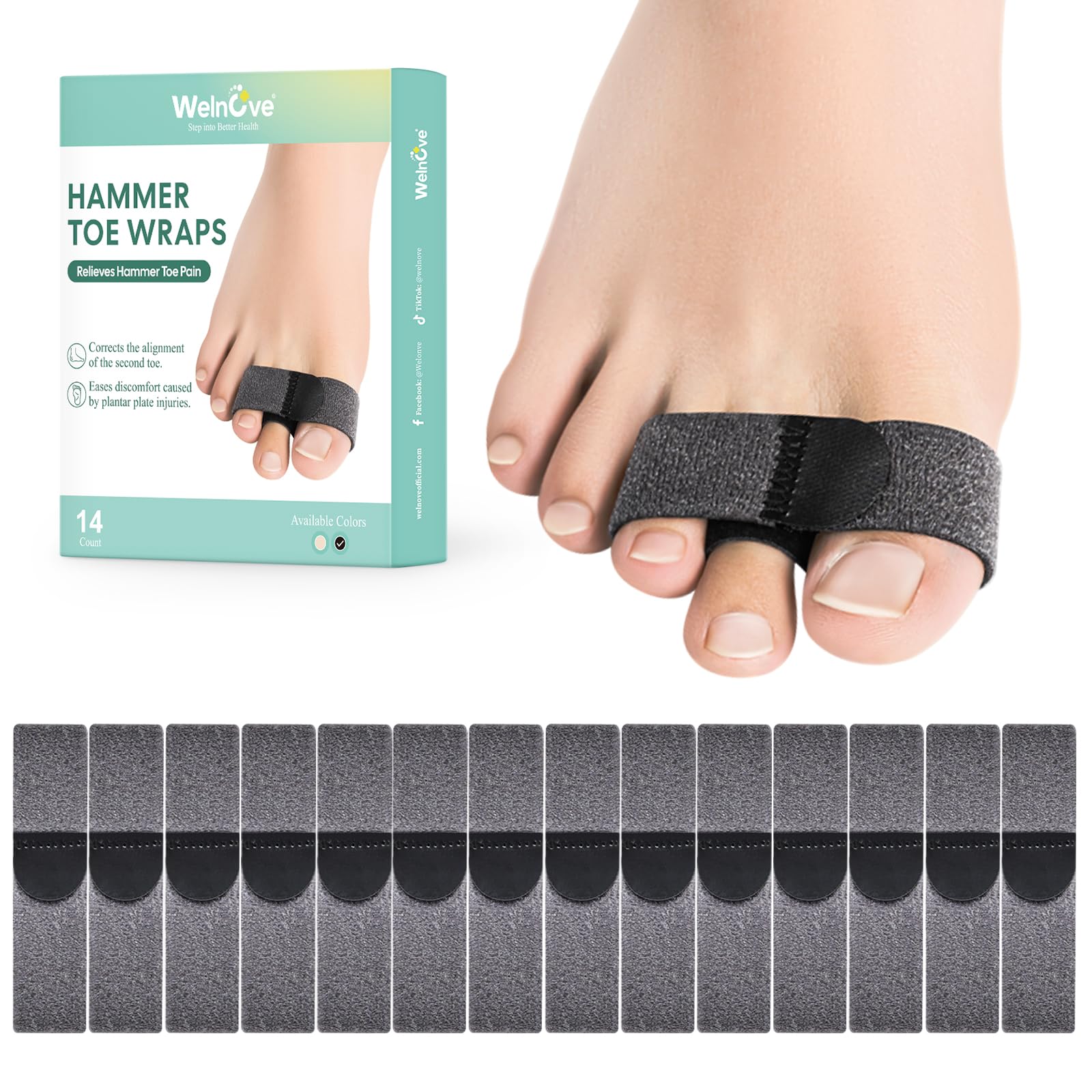 Welnove Hammer Toe Corrector - 14 Pack Fabric Toe Wraps & Splints