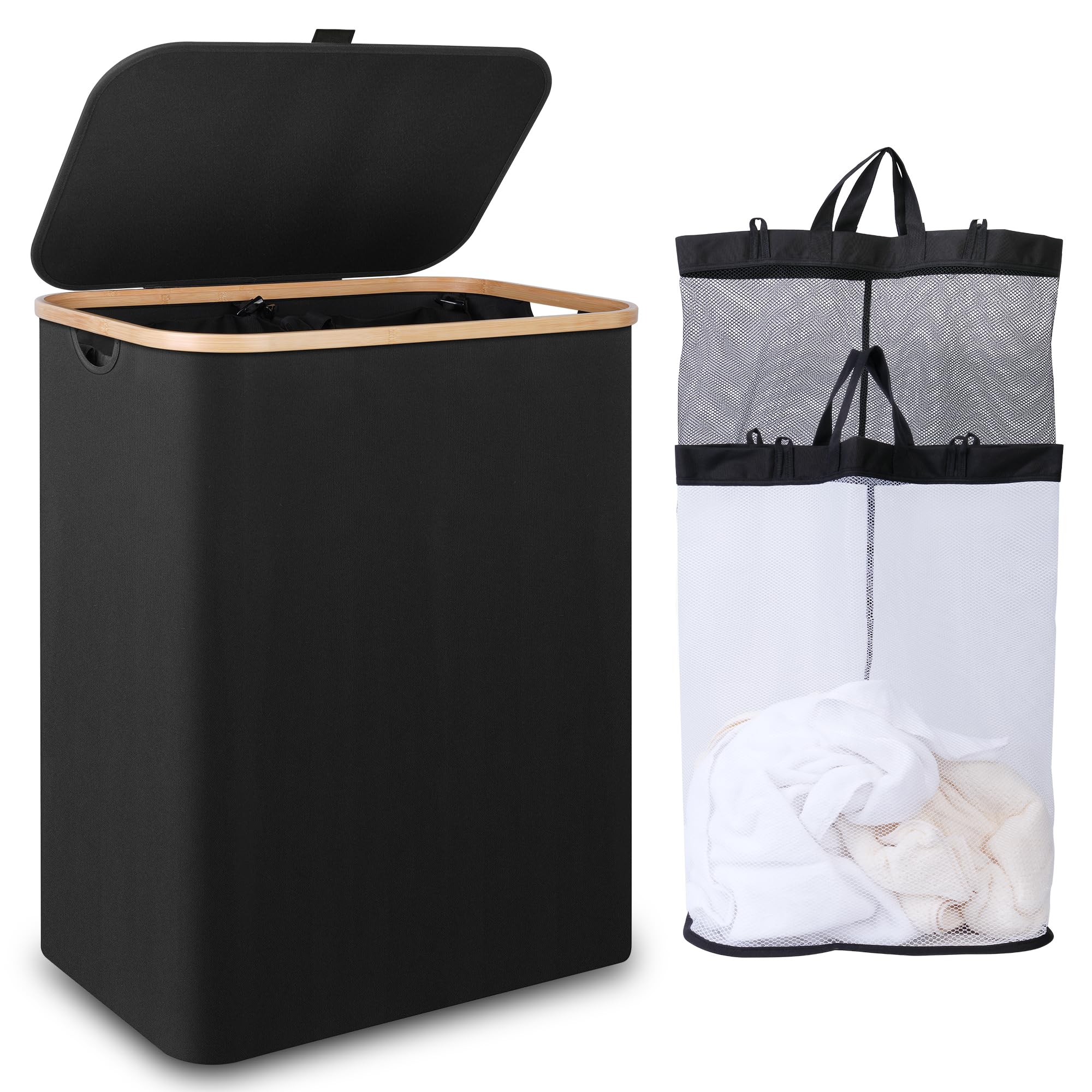 iEGrow 150L Double Laundry Basket with Lid – Foldable 2 Compartment Hamper