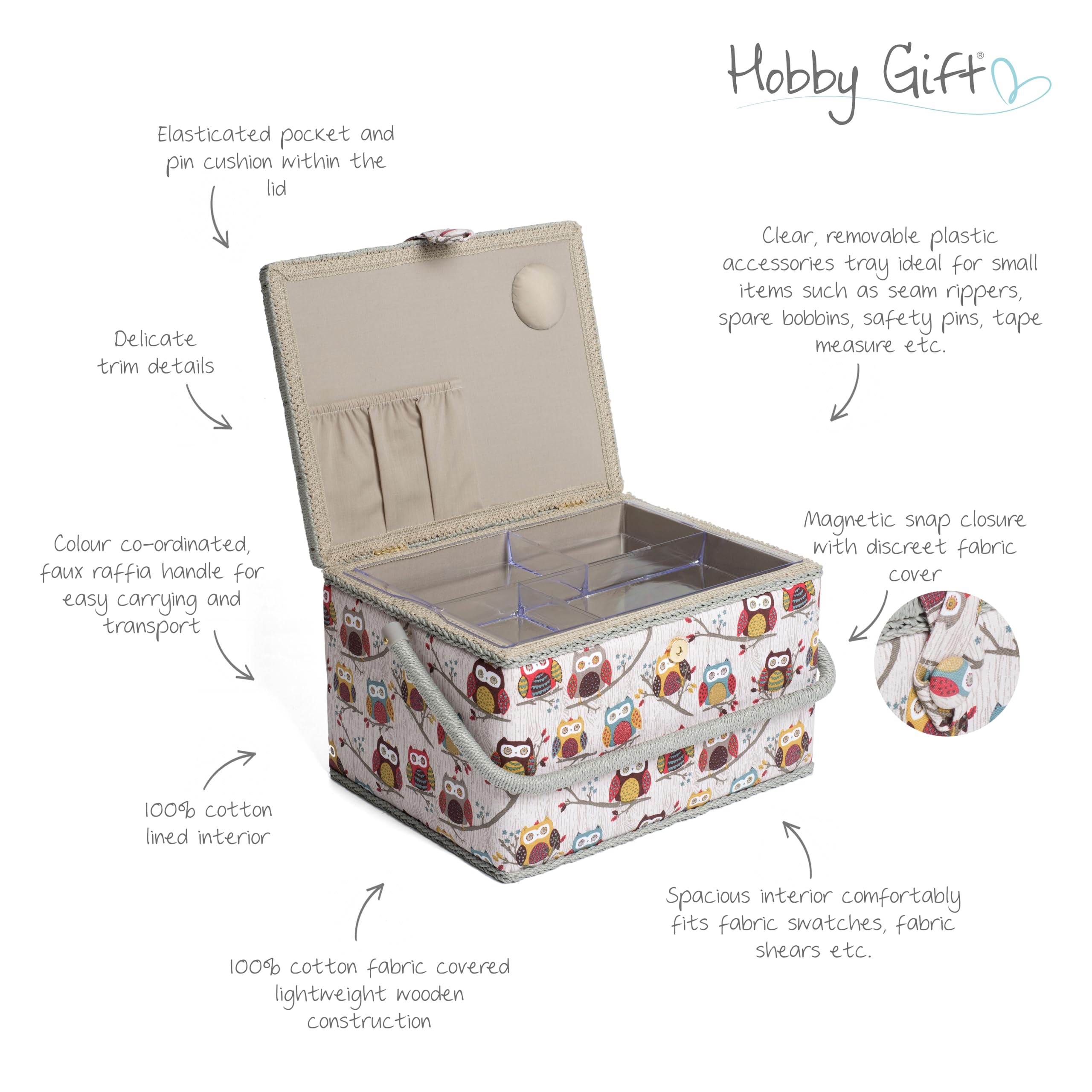 HobbyGift Large Sewing Box – Hoot Fabric Craft Storage Organizer